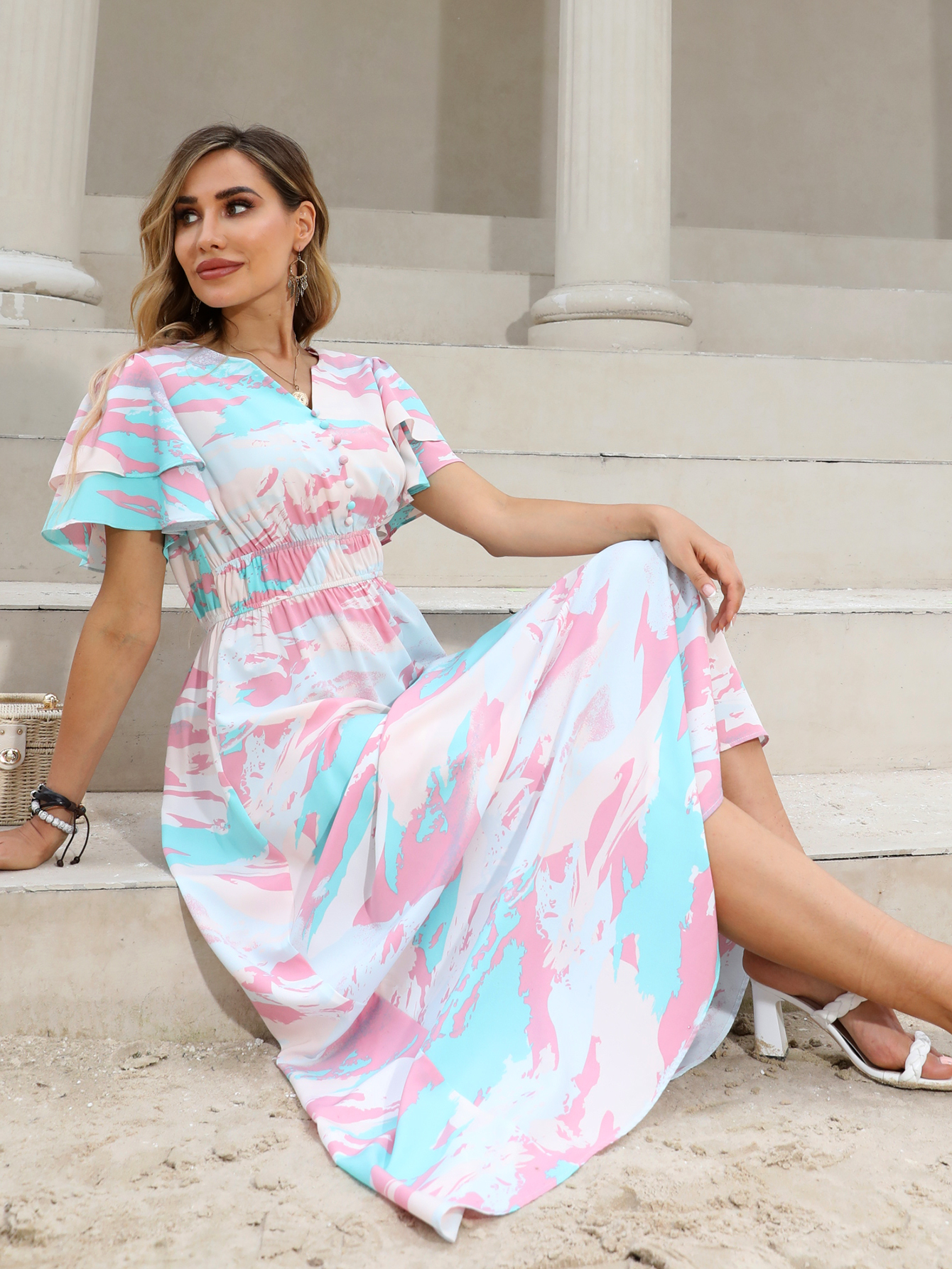 Women’s Abstract Print Maxi Dress with V-Neck & Smocked Waist – Summer Vacation Wear D-32791