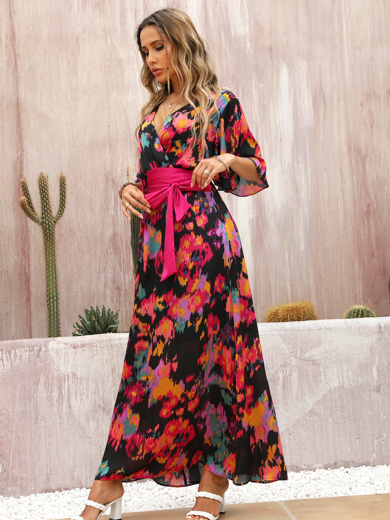 Vibrant Floral Wrap Belted Flutter Sleeve Maxi Dress W-32906