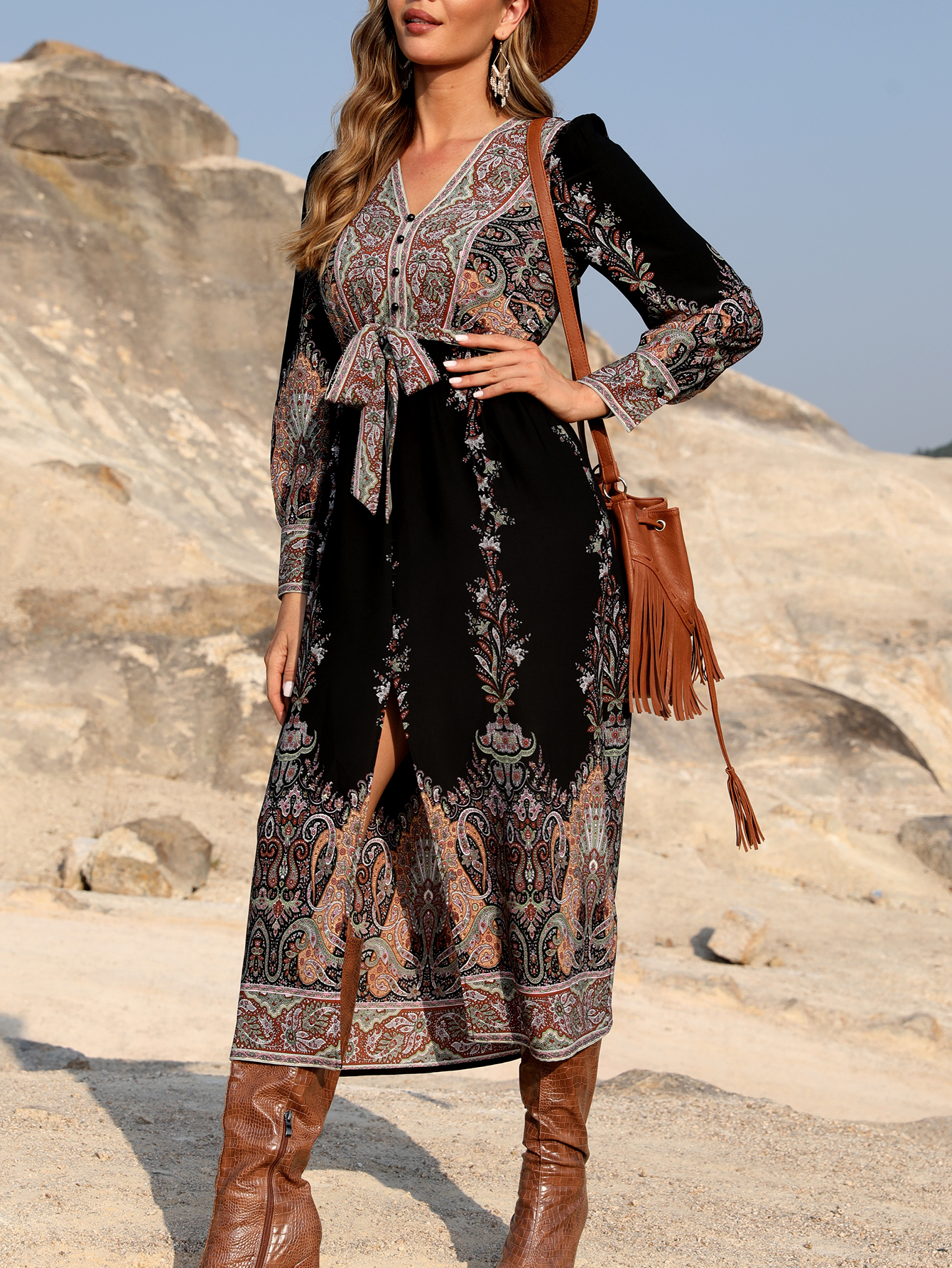 Boho Paisley Print Long Sleeve Midi Dress W-33803