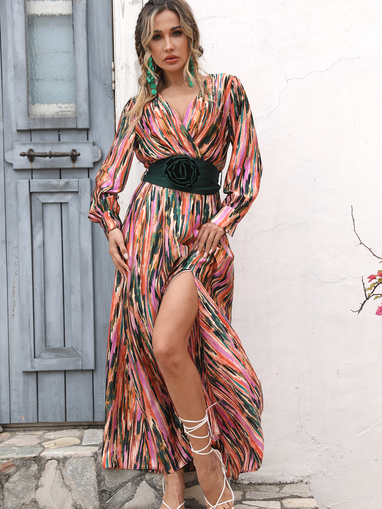 Boho Abstract Print Maxi Dress with Waist Detail – Summer Resort Vacation Wear W-34112