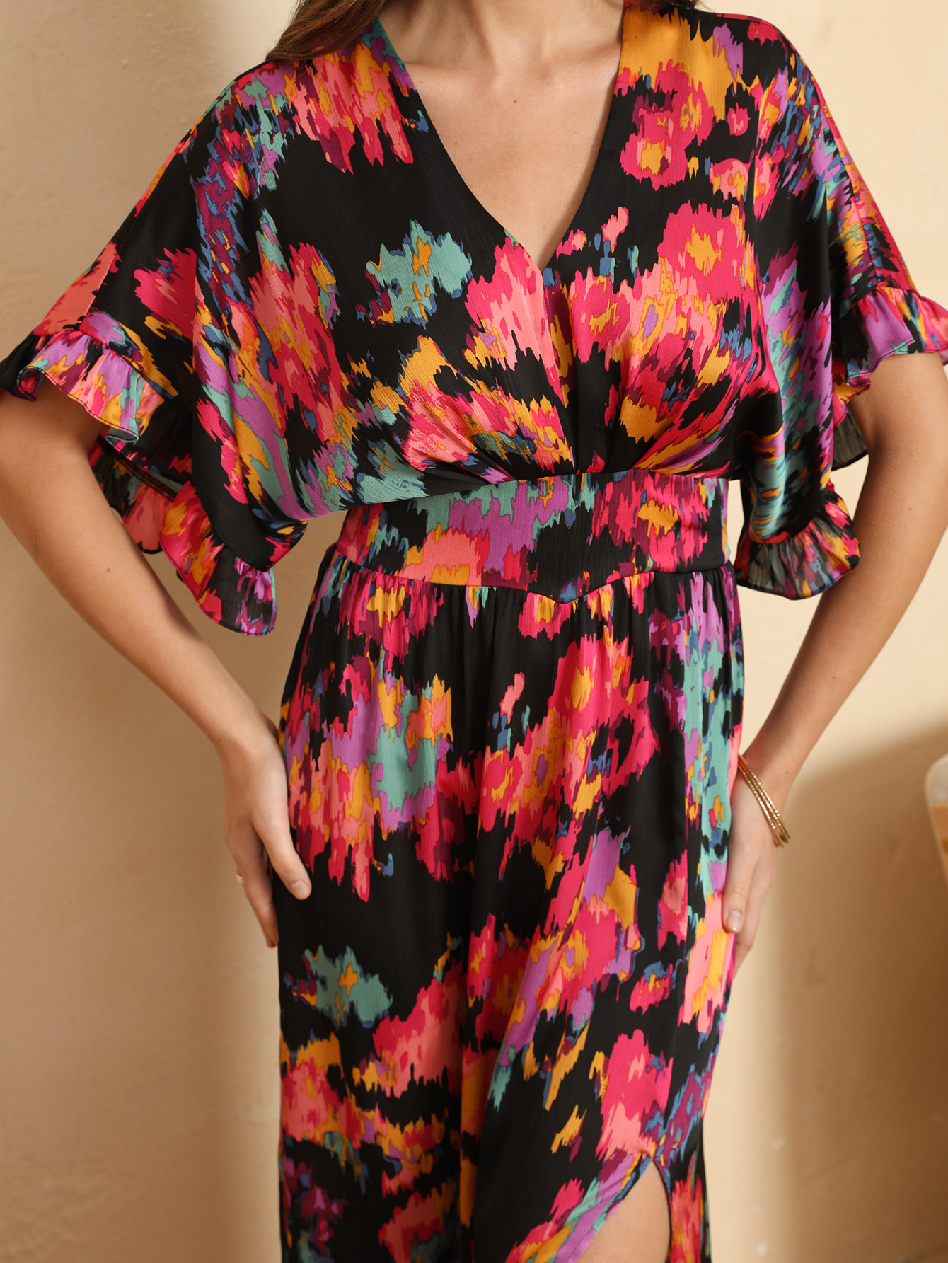 Women Summer Boho Abstract Print V Neck Kimono Sleeve Side Slit Maxi Dress W-34673