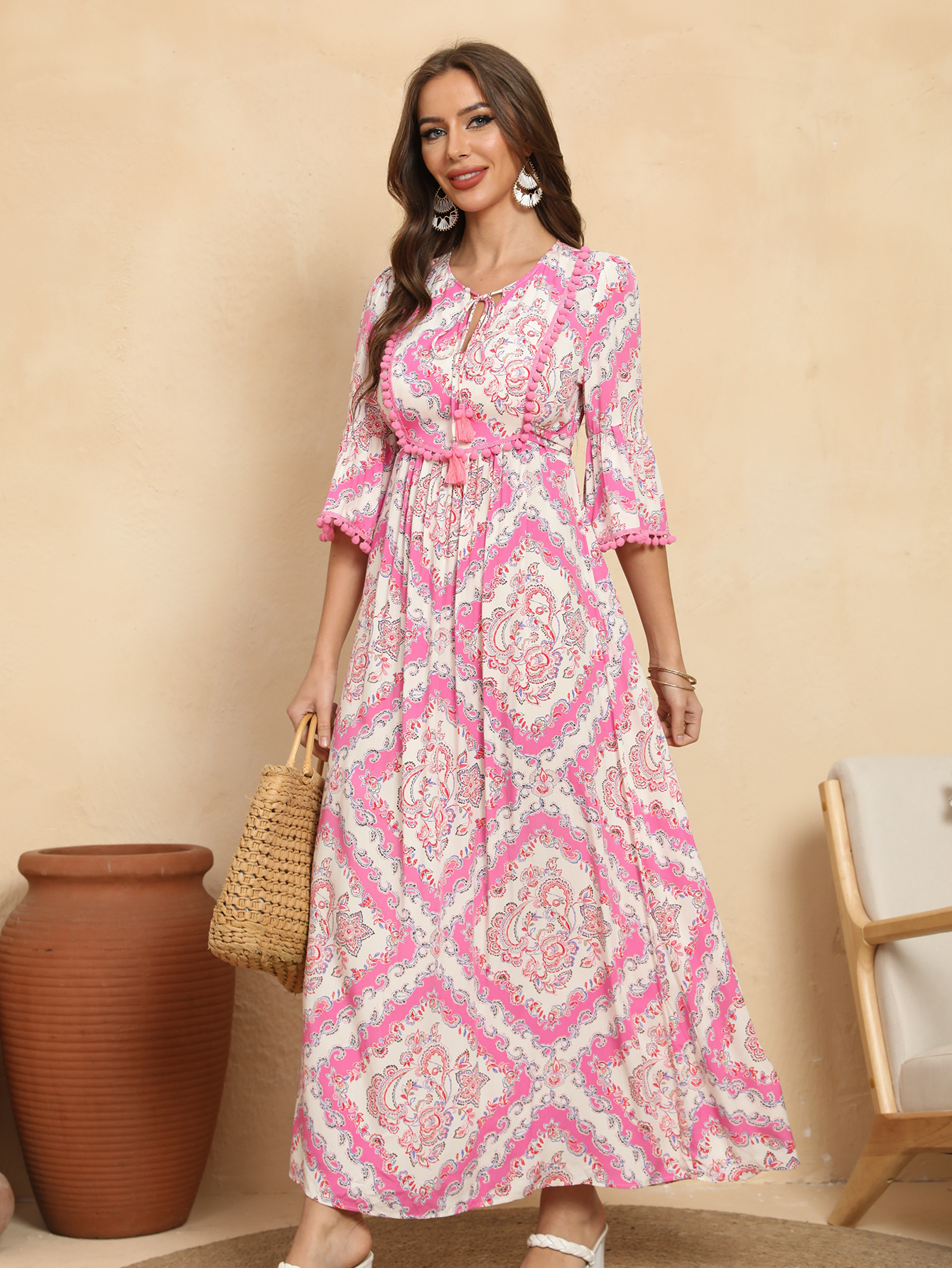 Women Summer Boho Paisley Print Tassel Tie Pom Pom Sleeve Maxi Dress W-34676