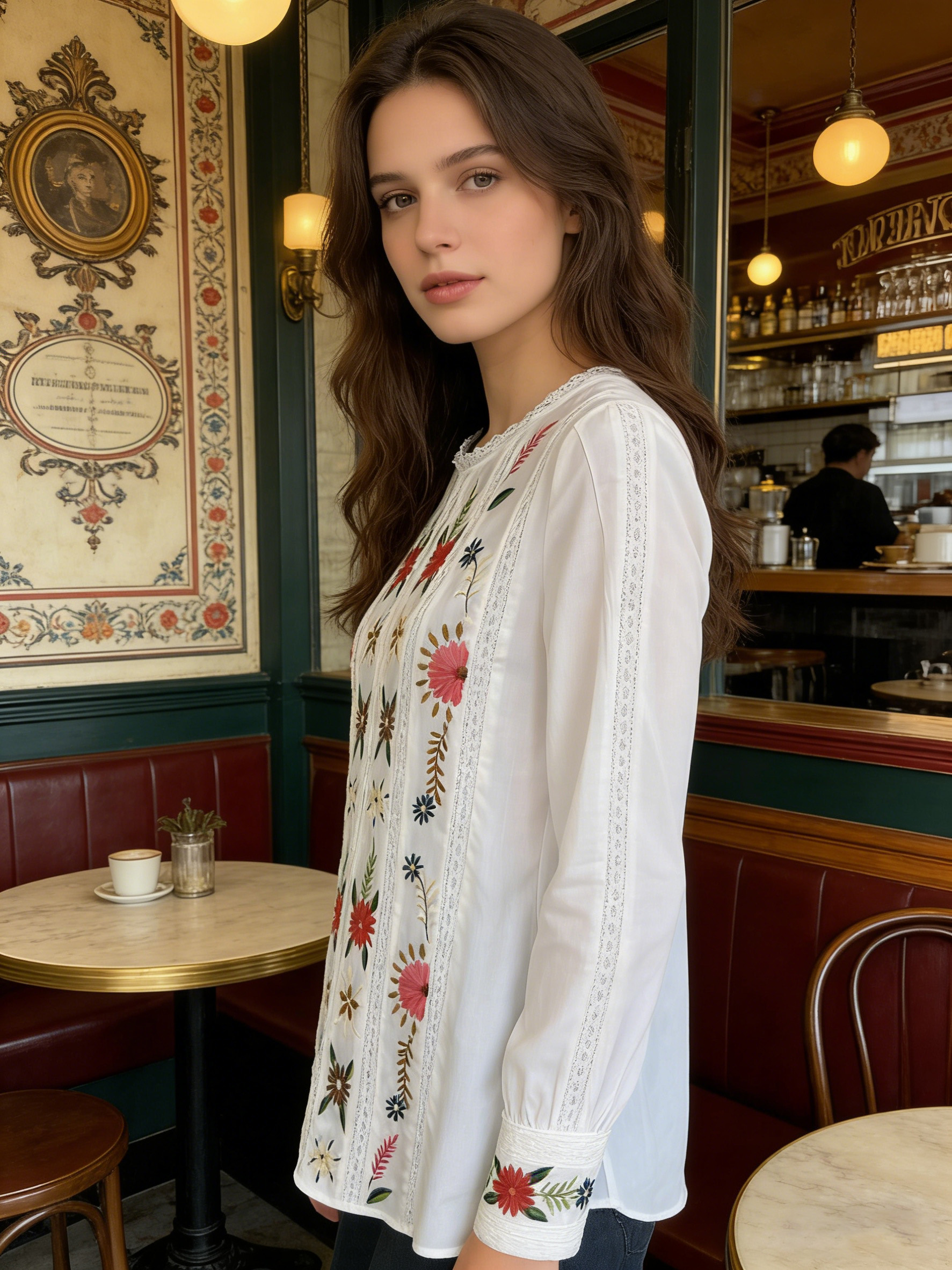 Women’s Boho Floral Embroidered Lace Panel Long Sleeve Blouse B-41966