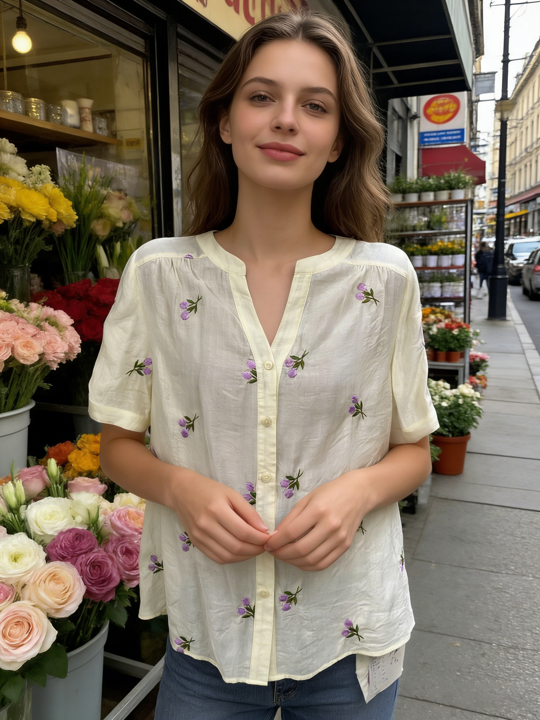 Women’s Floral Embroidered Short Sleeve Summer Blouse C-42306