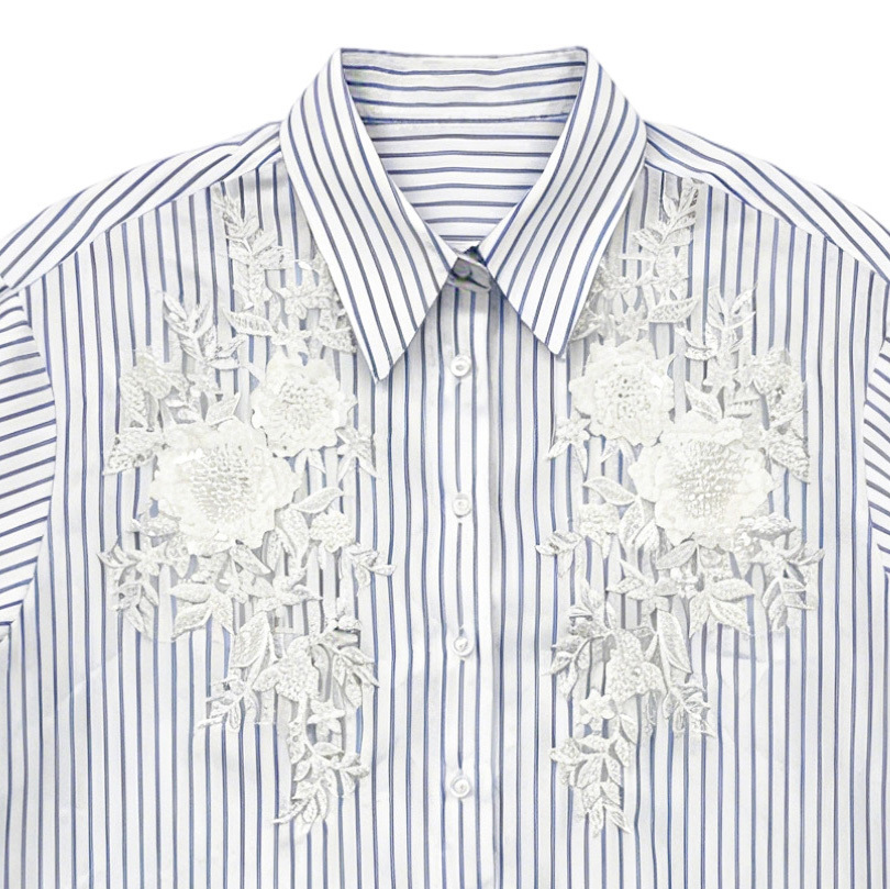 Women’s Striped Floral Embroidered Button-Up Shirt W-40350