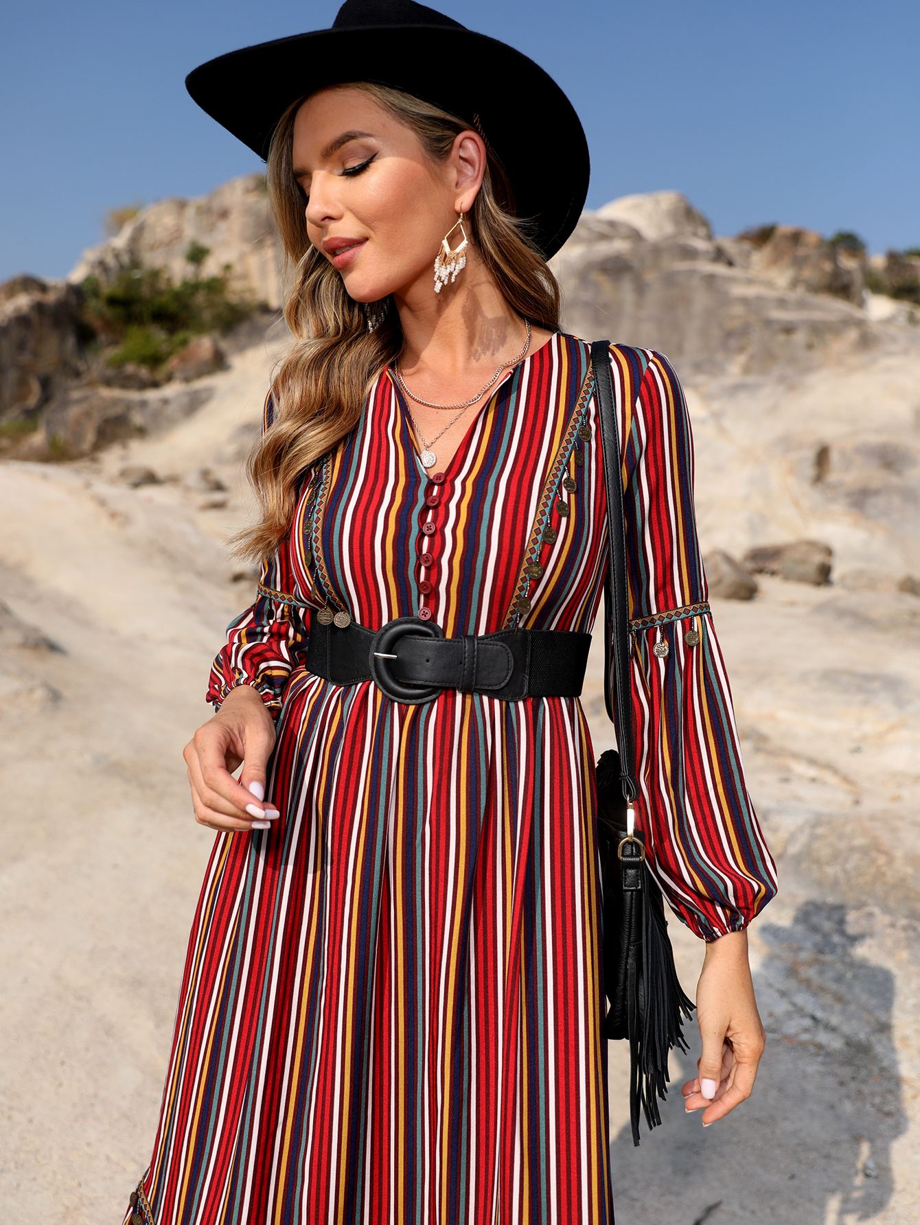 Women’s Boho Ethnic Stripe Midi Dress – Long Sleeve Western Style D-33880