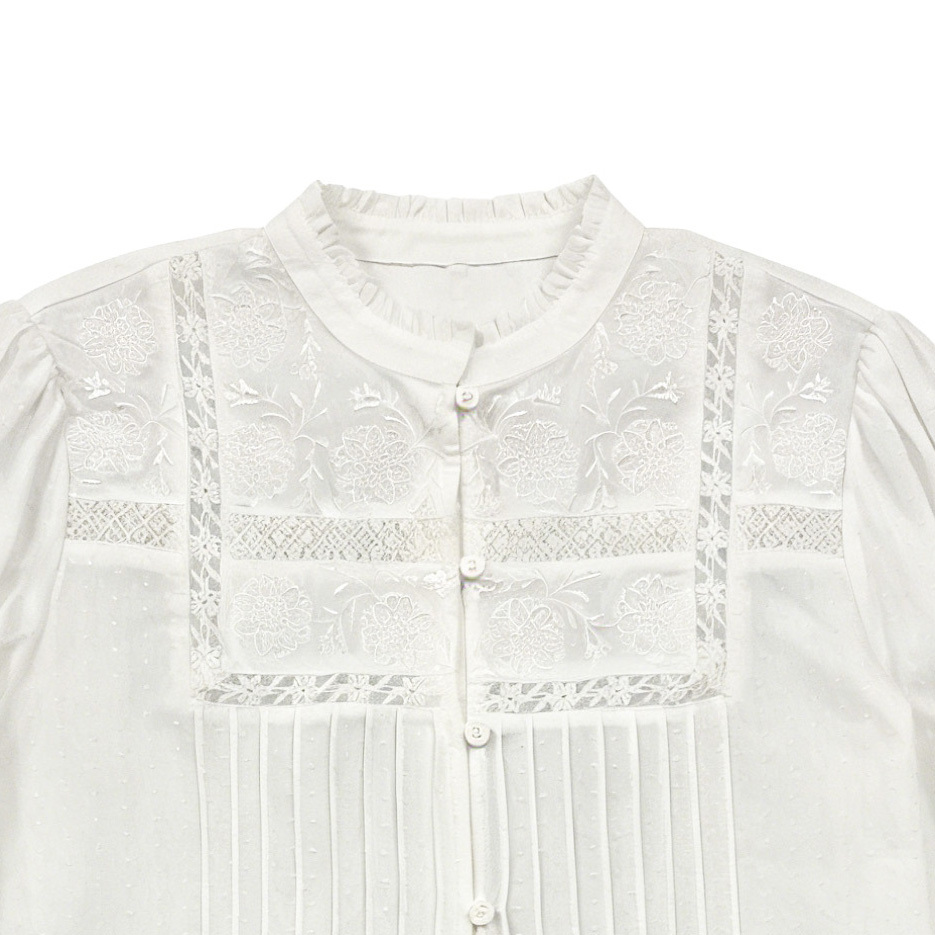 Women’s Vintage Lace Embroidered Pintuck Blouse Y-39493