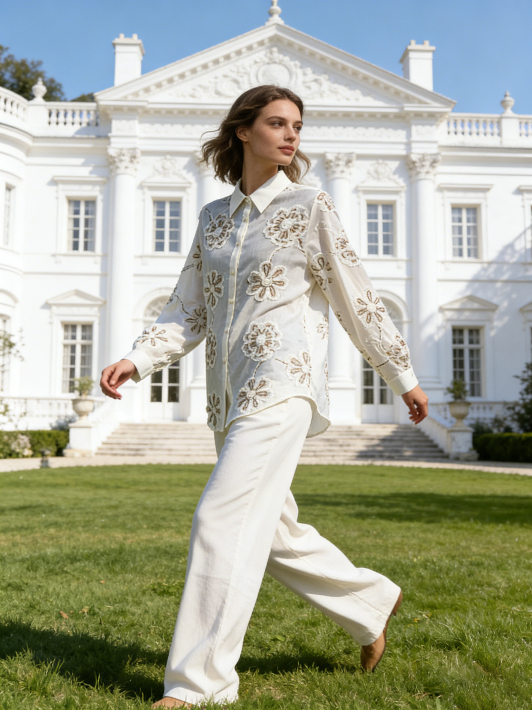 Women’s Sheer Floral Embroidered Button Down Blouse D-41983