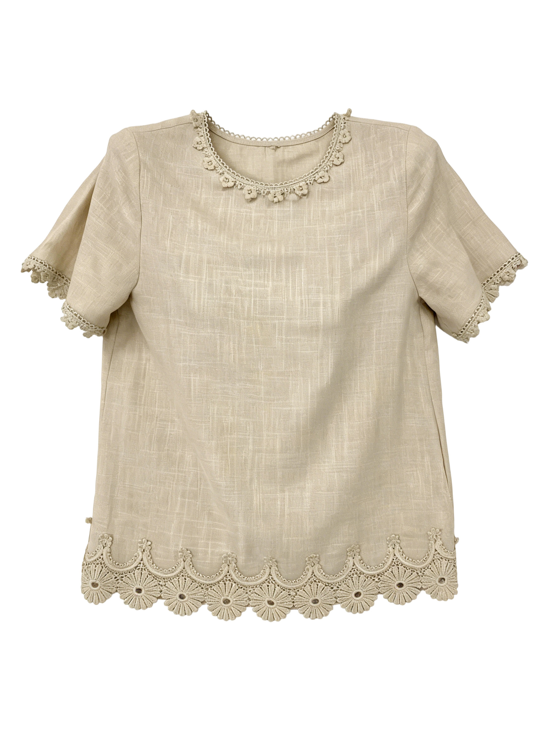 Women’s Boho Crochet Trim Linen Look Short Sleeve Top M-42312