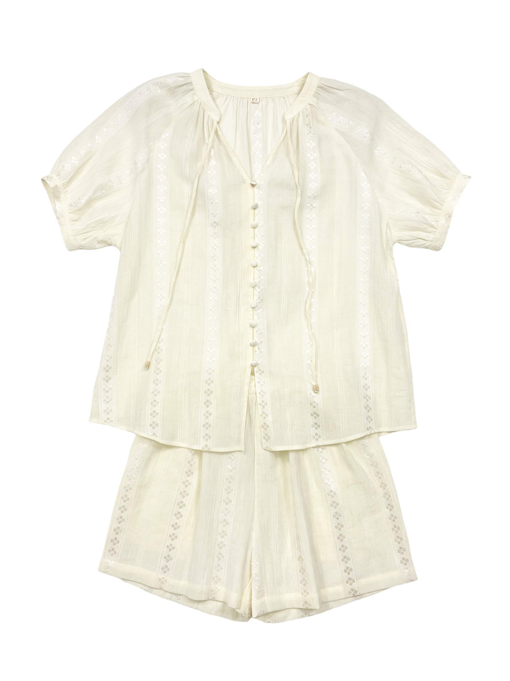 Women’s Boho Cotton Gauze Two Piece Short Sleeve Top & Shorts Set A-41627+A-41628