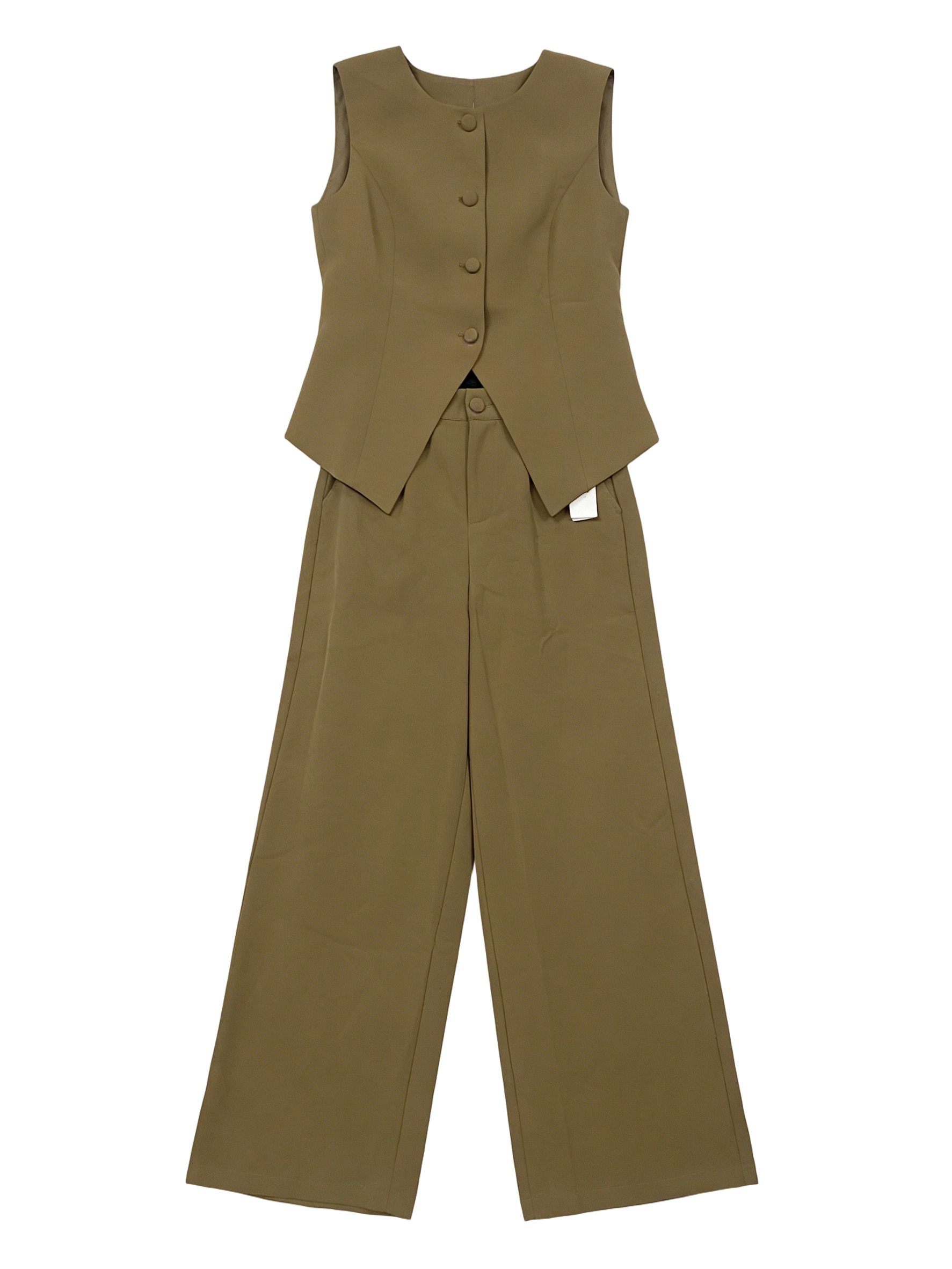 Women's Minimalist Round Neck Vest Suit Set with Covered Buttons and Wide Leg Pants C-41298+C-41299