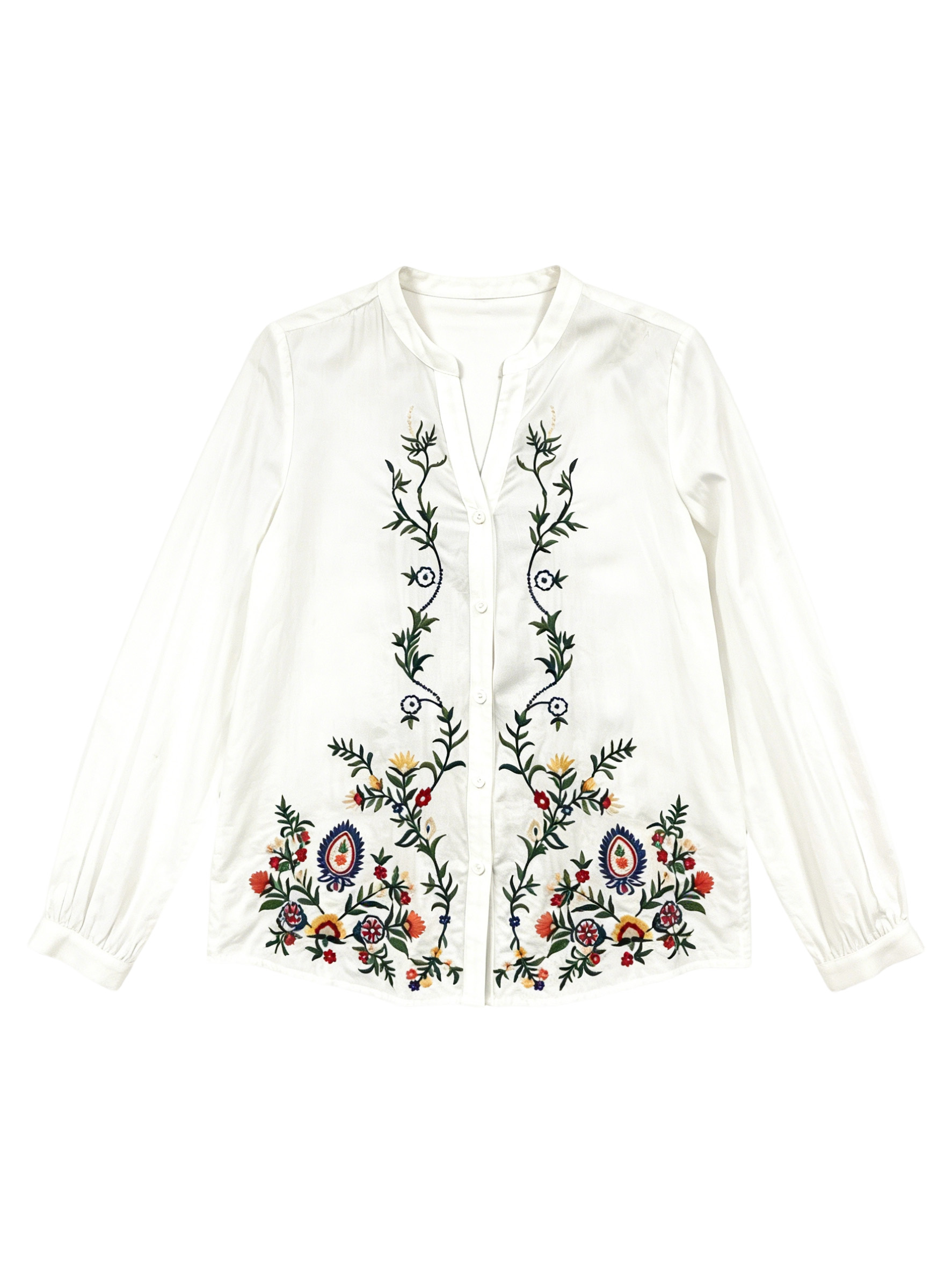 Boho Chic Long Sleeve Button Down Top - Ethnic Style Flower Embroidered Blouse D-39046