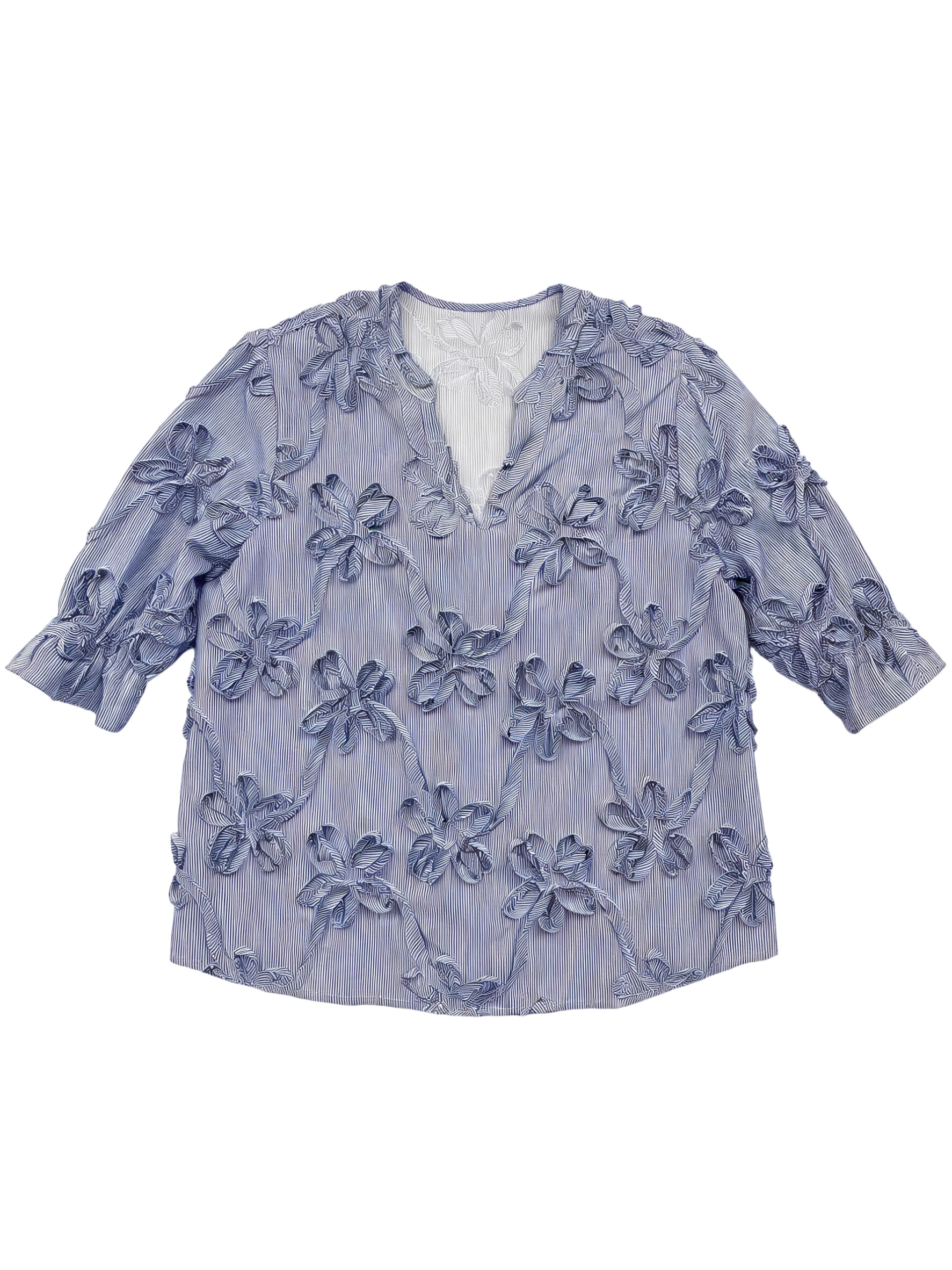 Women’s 3D Floral Applique Striped V Neck Blouse M-42190