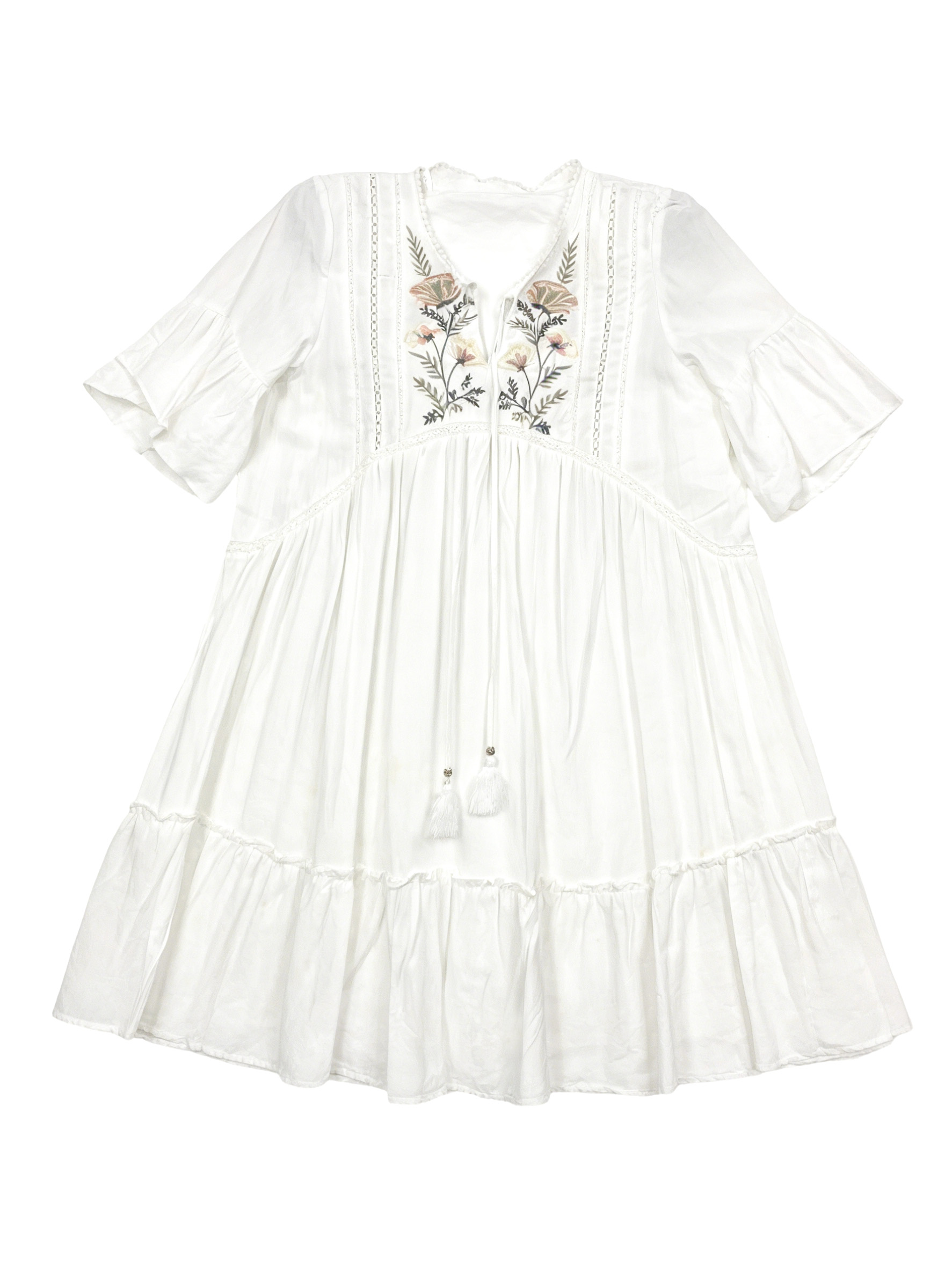 Bohemian Floral Embroidered Tiered Dress - White Bell Sleeve Ruffle Hem Casual Dress for Vacation W-31063