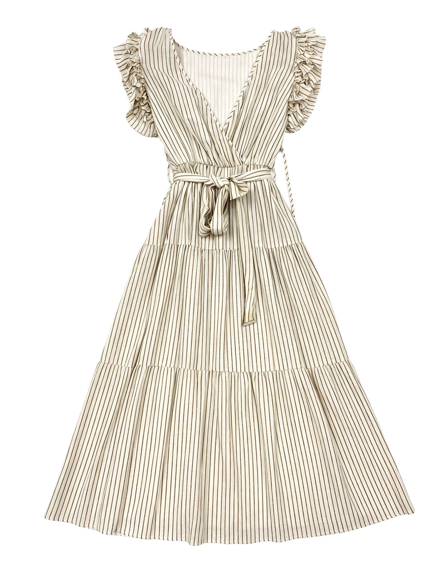 French Riviera Style Striped Ruffle Dress - V  Y-40613