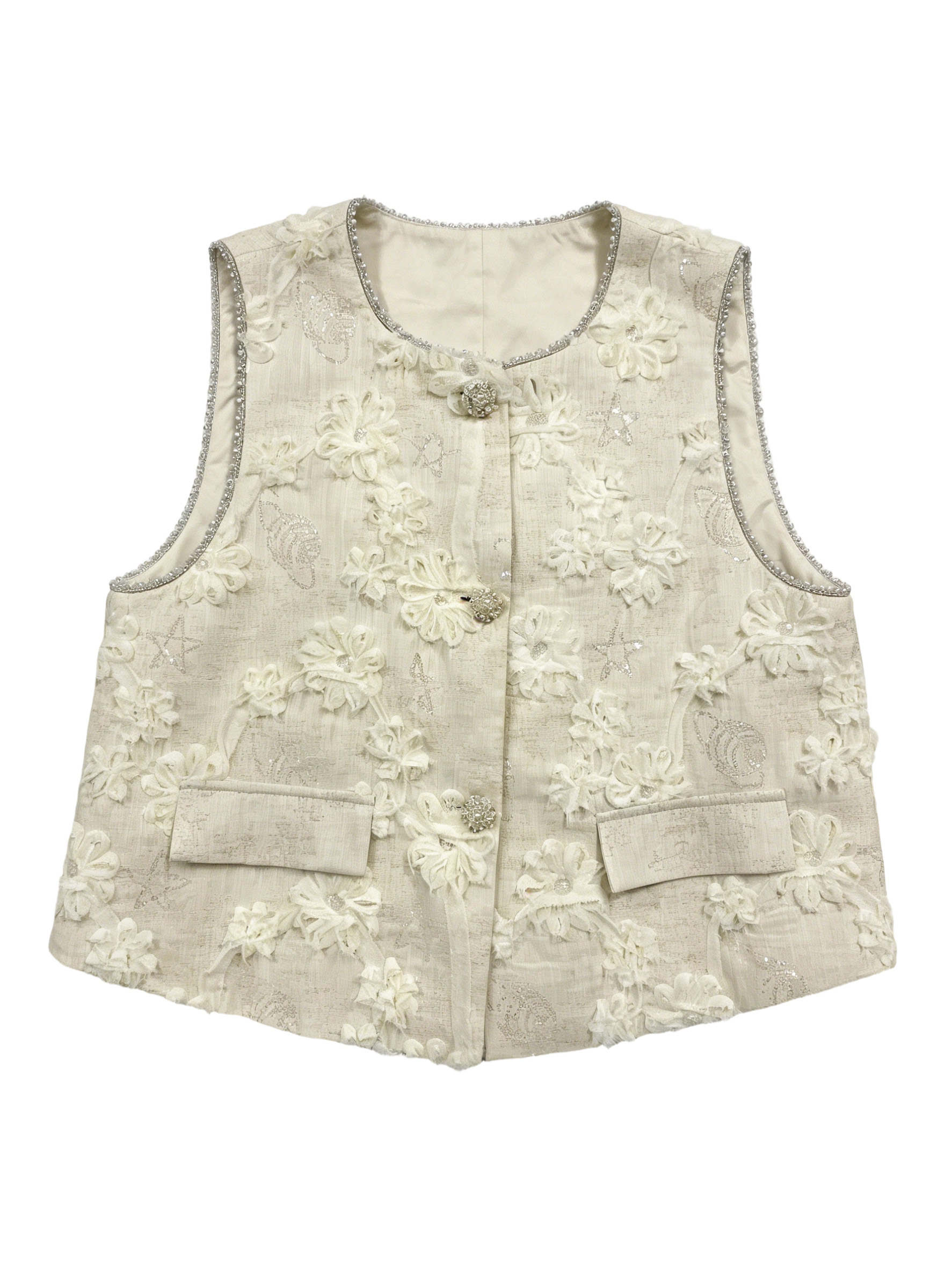 Women's High-end Beige Vest - Exquisite 3D Flower Applique and Crystal Beaded Trim 21779