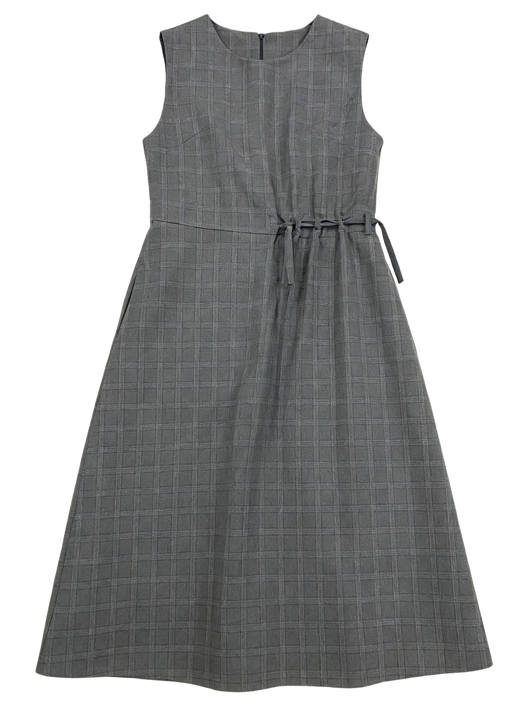Minimalist Grey Plaid Sleeveless Dress - High Waist A-Line Casual  27939