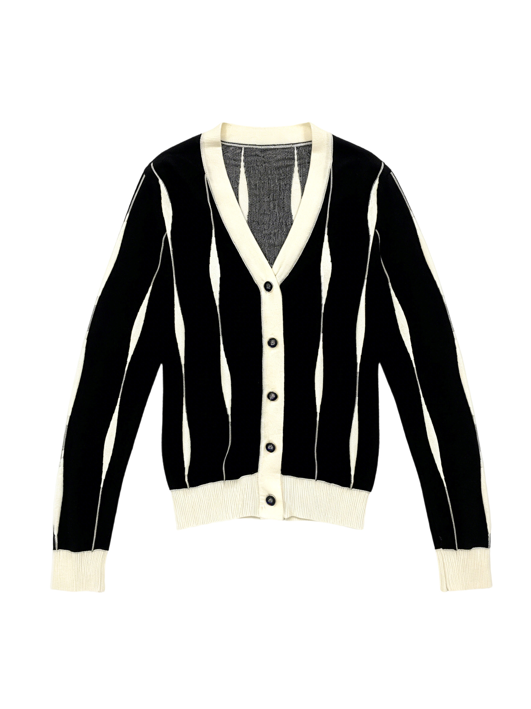 Classic V-Neck Knit Cardigan - Black White Striped Contrast Trim Casual Sweater 80215