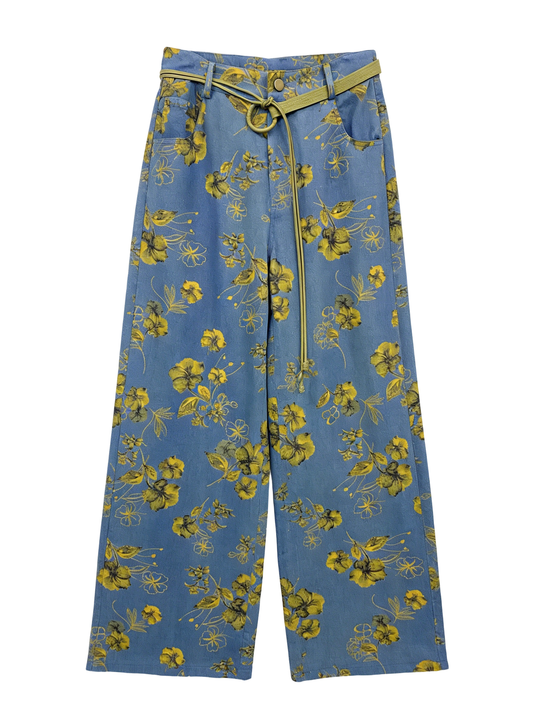 Bohemian Floral Print Wide Leg Jeans - High Waist Belted Casual Denim Trousers A-41667