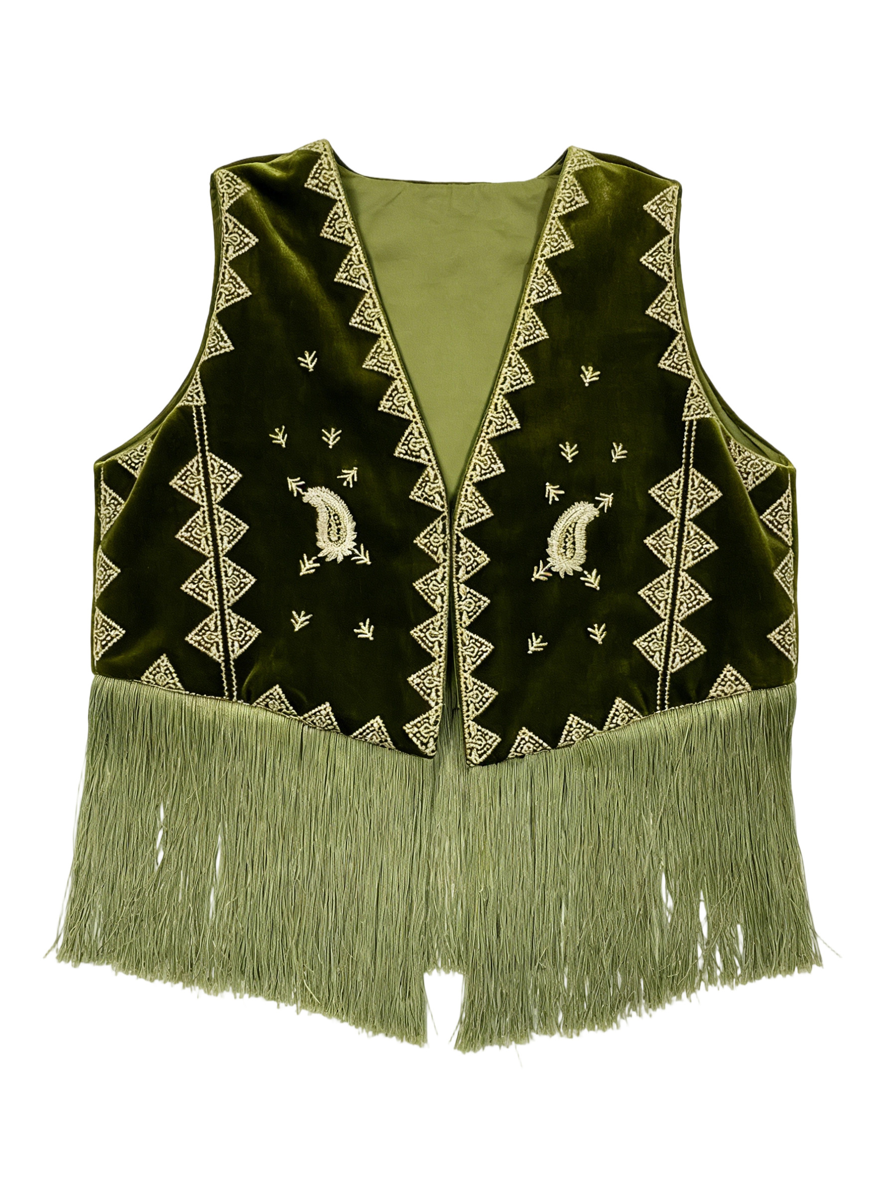 Bohemian Green Velvet Fringe Vest - Gold Paisley Embroidered Ethnic Waistcoat  AN-980011