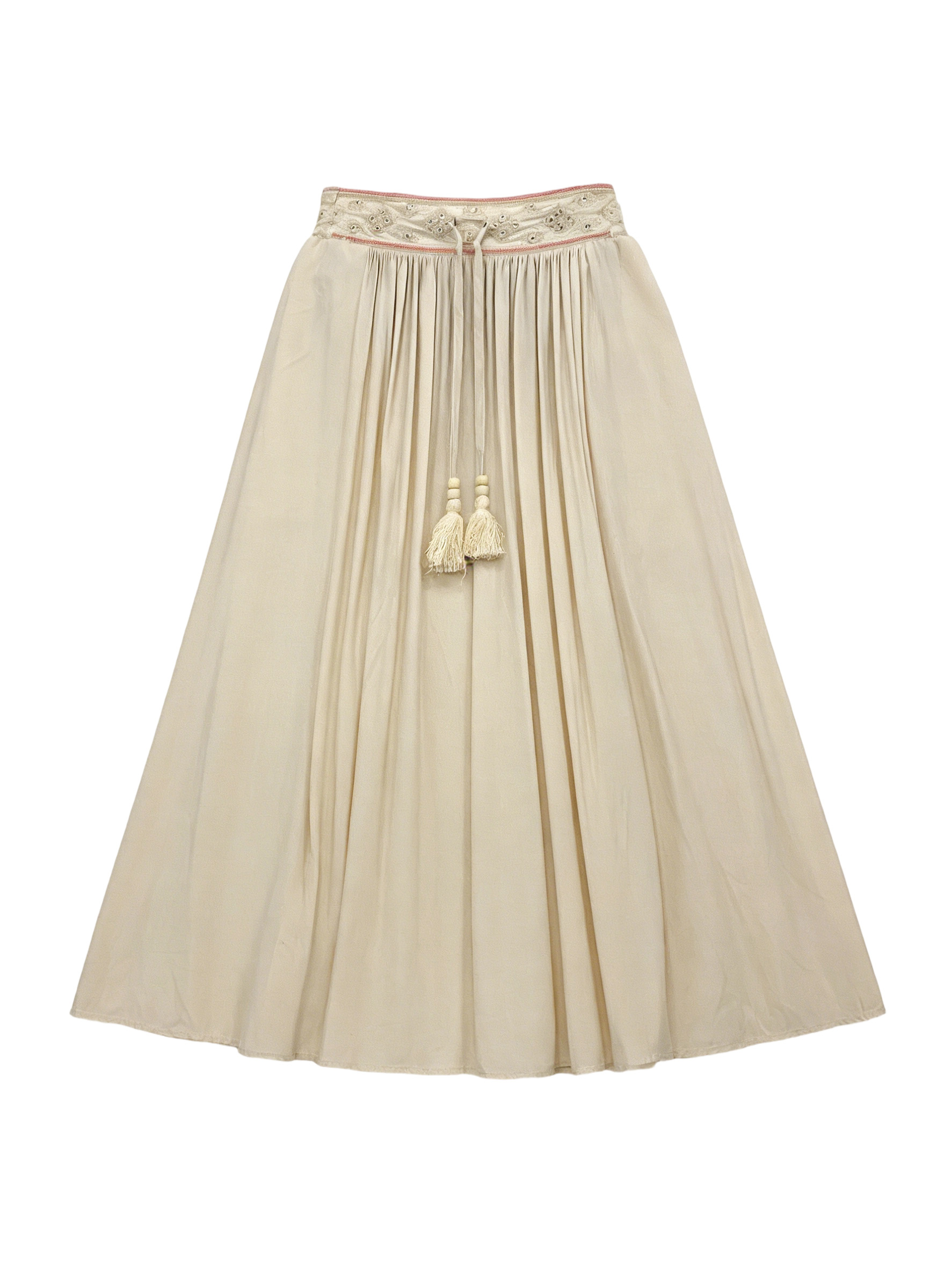Ethnic Style Embroidered Skirt - Beige High Waist Tassel Trim Boho Maxi Skirt  AW-R290026