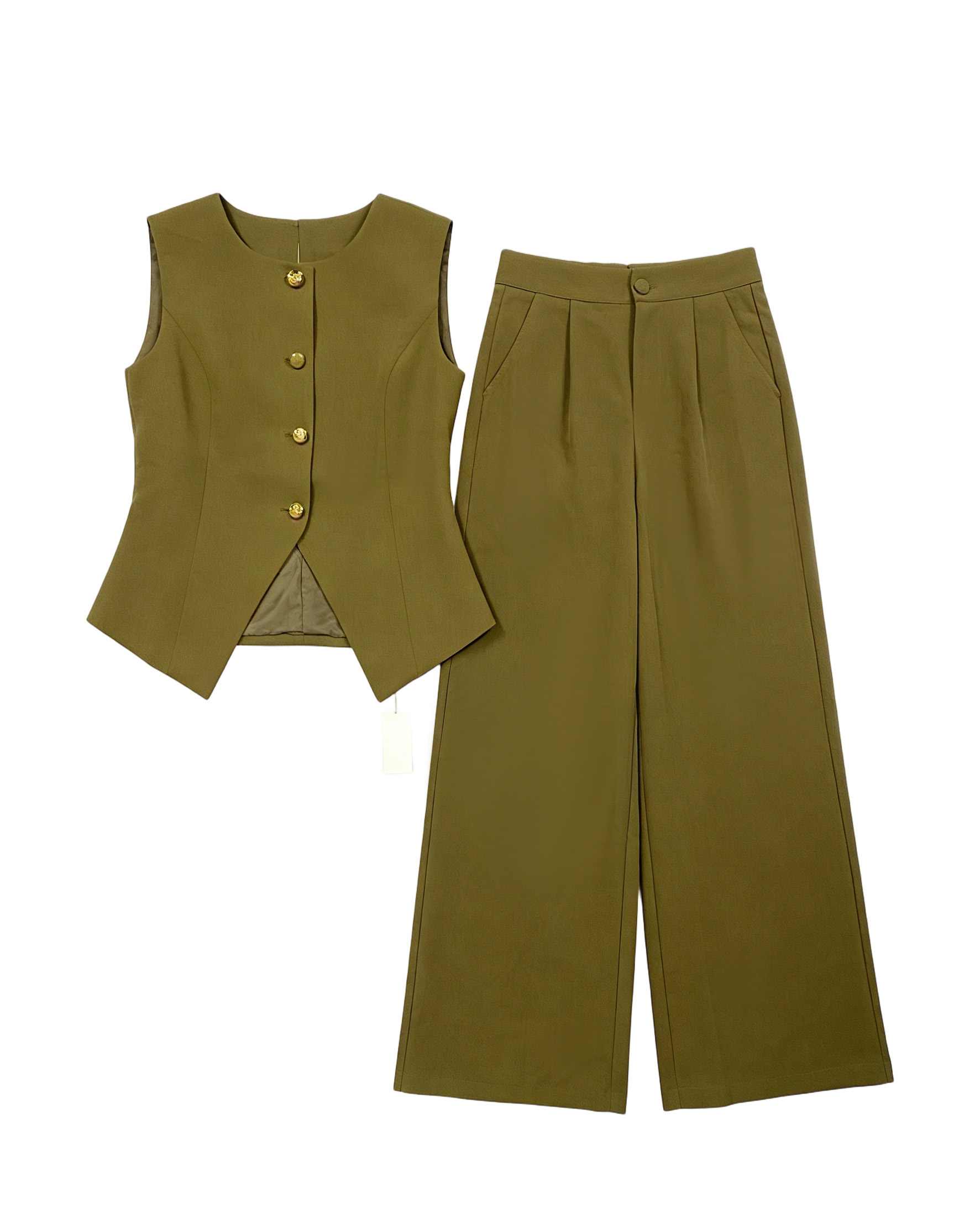Olive Green Vest & Wide Leg Pants Set - Tailored Waistcoat & High Waist Trousers C-41335，C-41336
