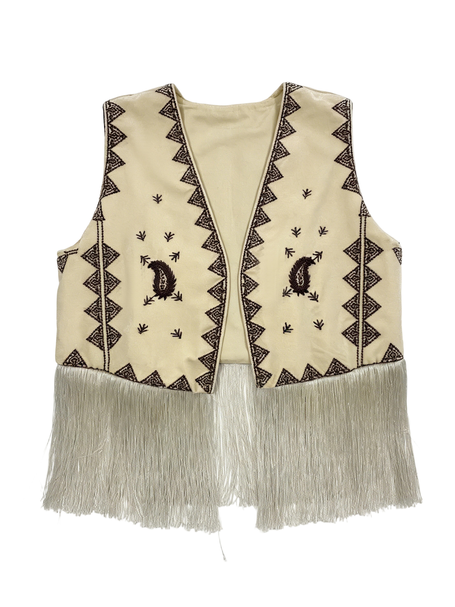 Boho Beige Fringe Vest - Paisley Embellished Sleeveless Outerwear for Vacation MAN-980011