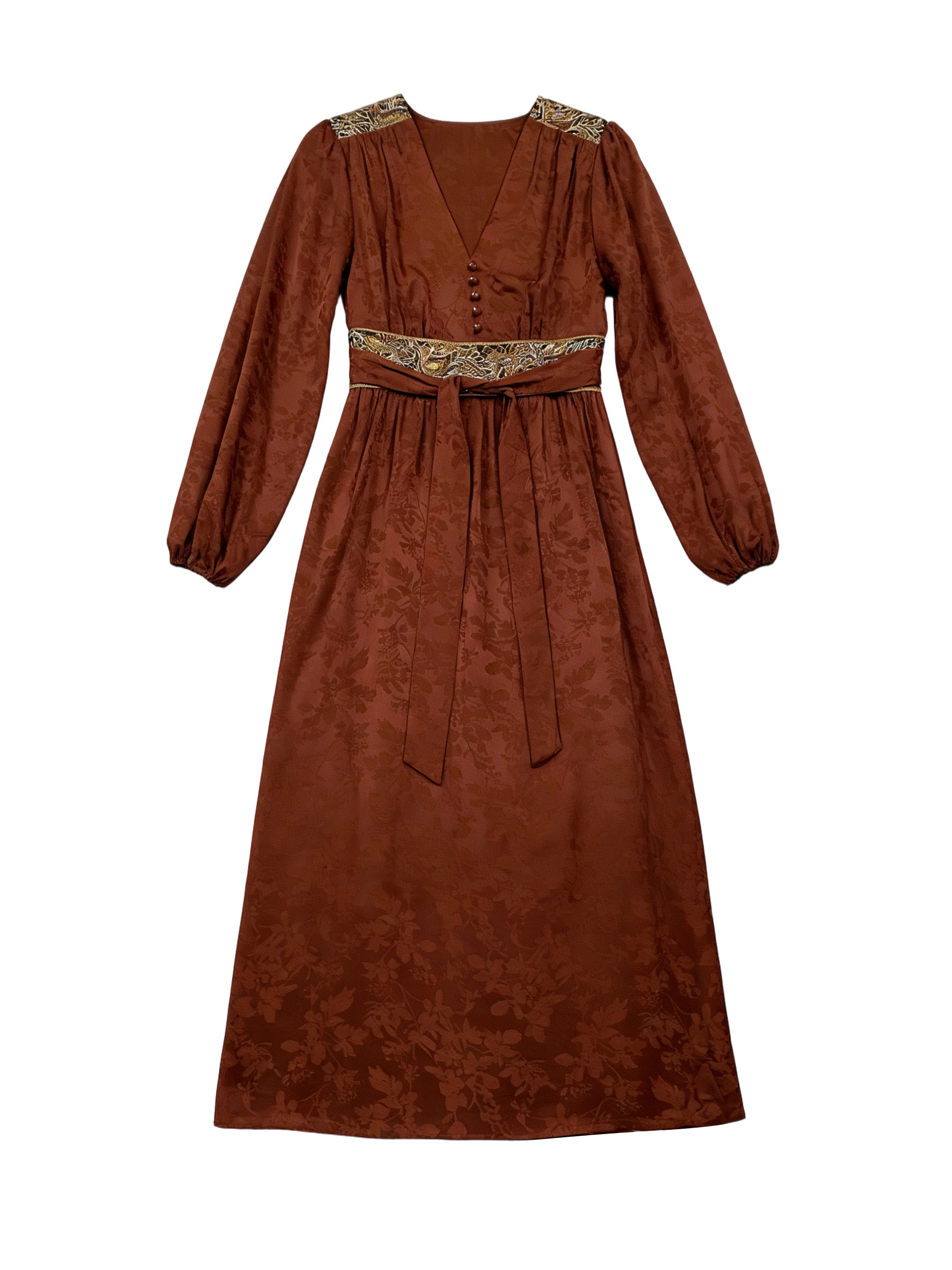 Boho Rust Brown Maxi Dress - Floral Jacquard & Gold Embroidery Waistband  W-37480