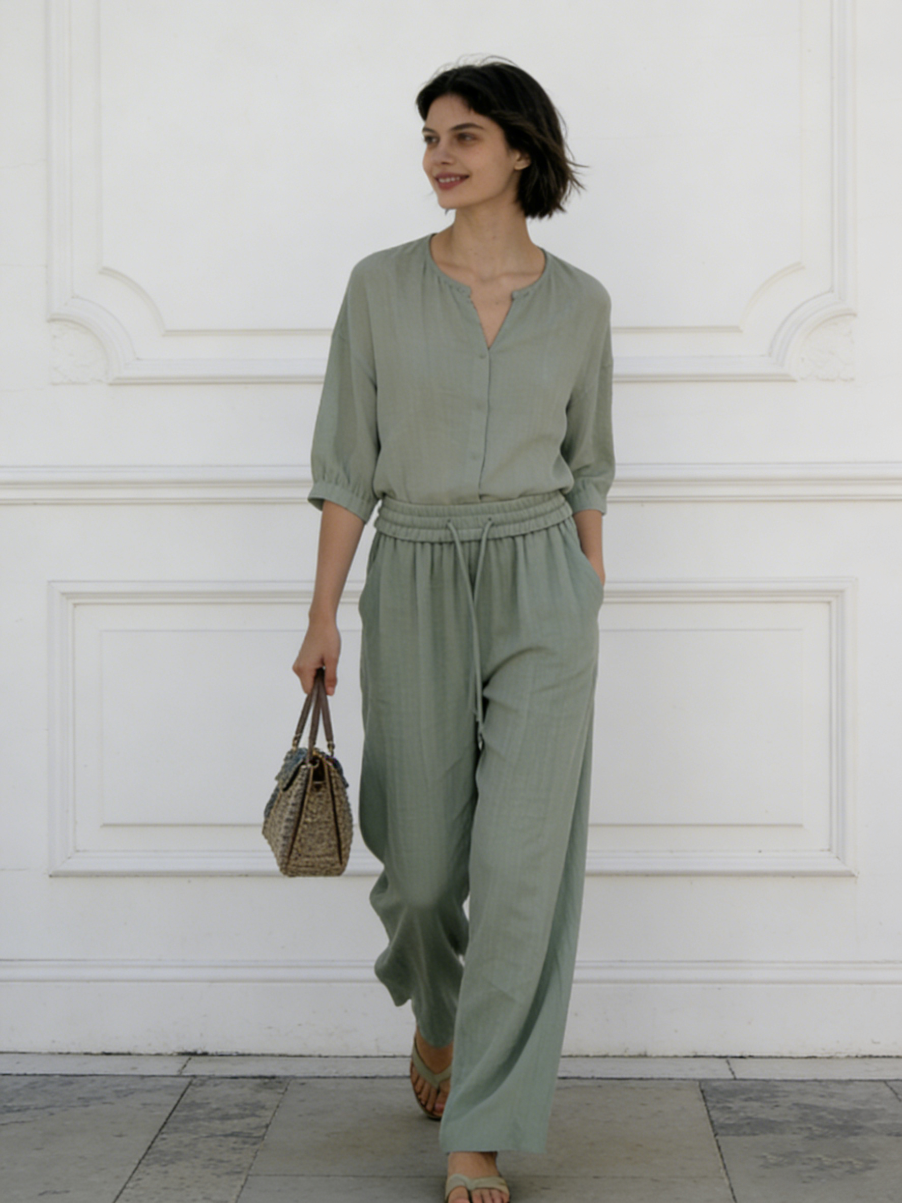 Elegant Sage Green Office Pants - Linen Blend Drawstring Waist Wide Leg Trousers  A-42588