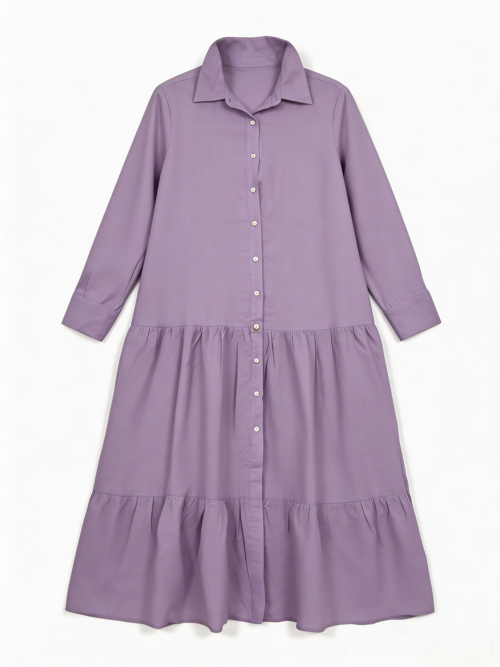 Chic Lavender Shirt Dress - Flowy Ruffle Tiered Long Sleeve Dress  M-40510