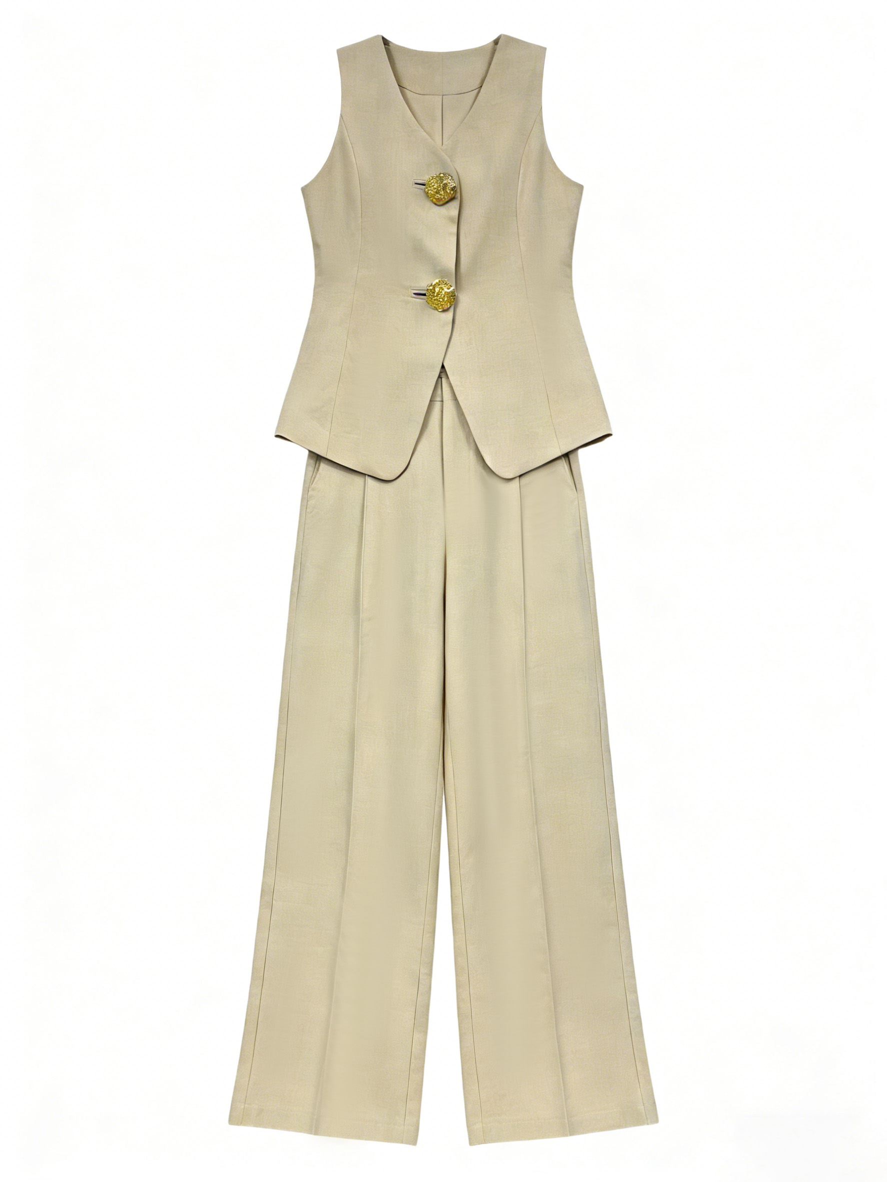 Beige Linen-Blend Sleeveless Vest Wide Leg Pants Set - Two Piece Office Outfit YB-002
