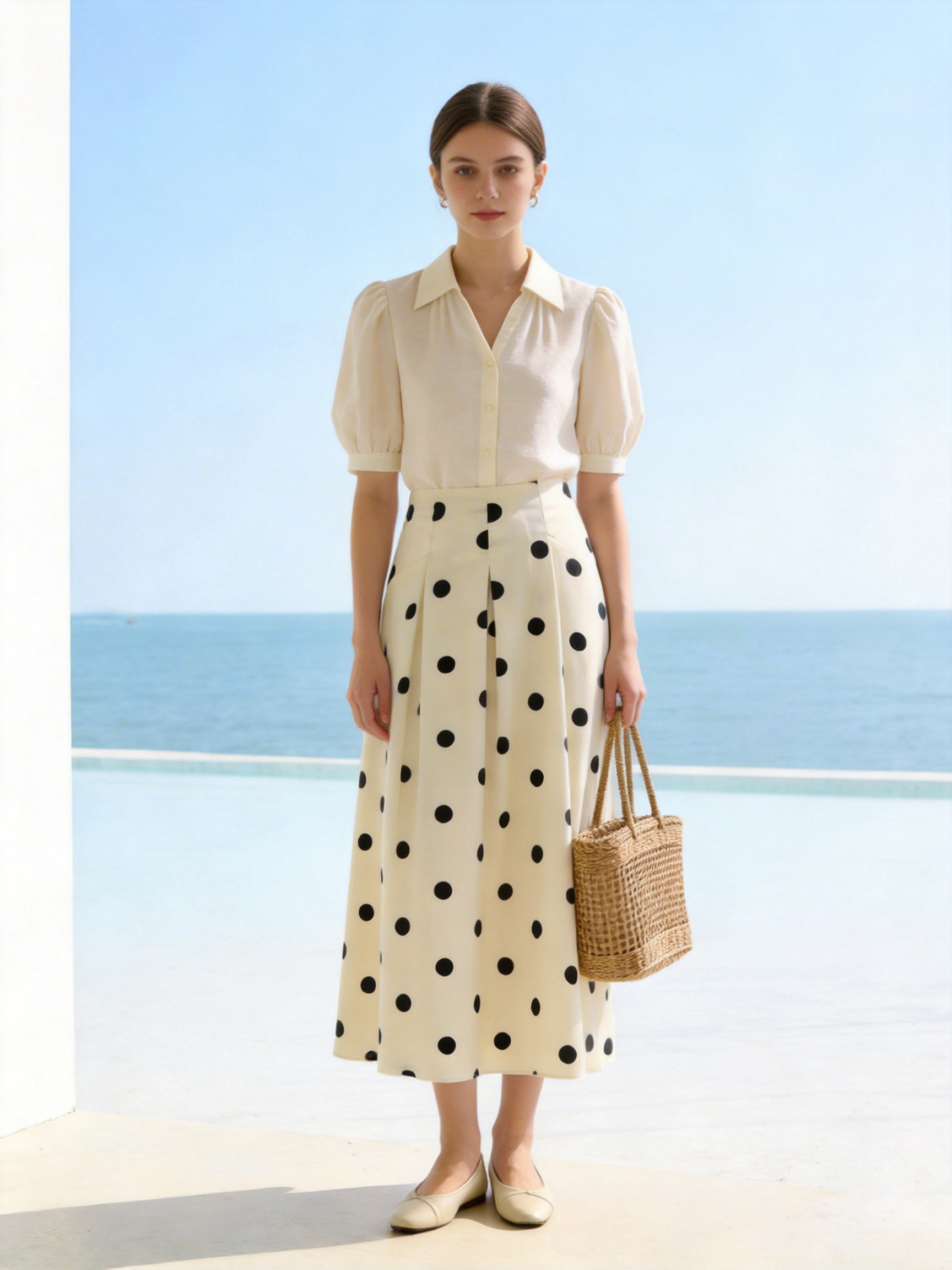 Black White Polka Dot High Waist Midi Skirt with Pockets - Retro A-Line Skirt W-38965