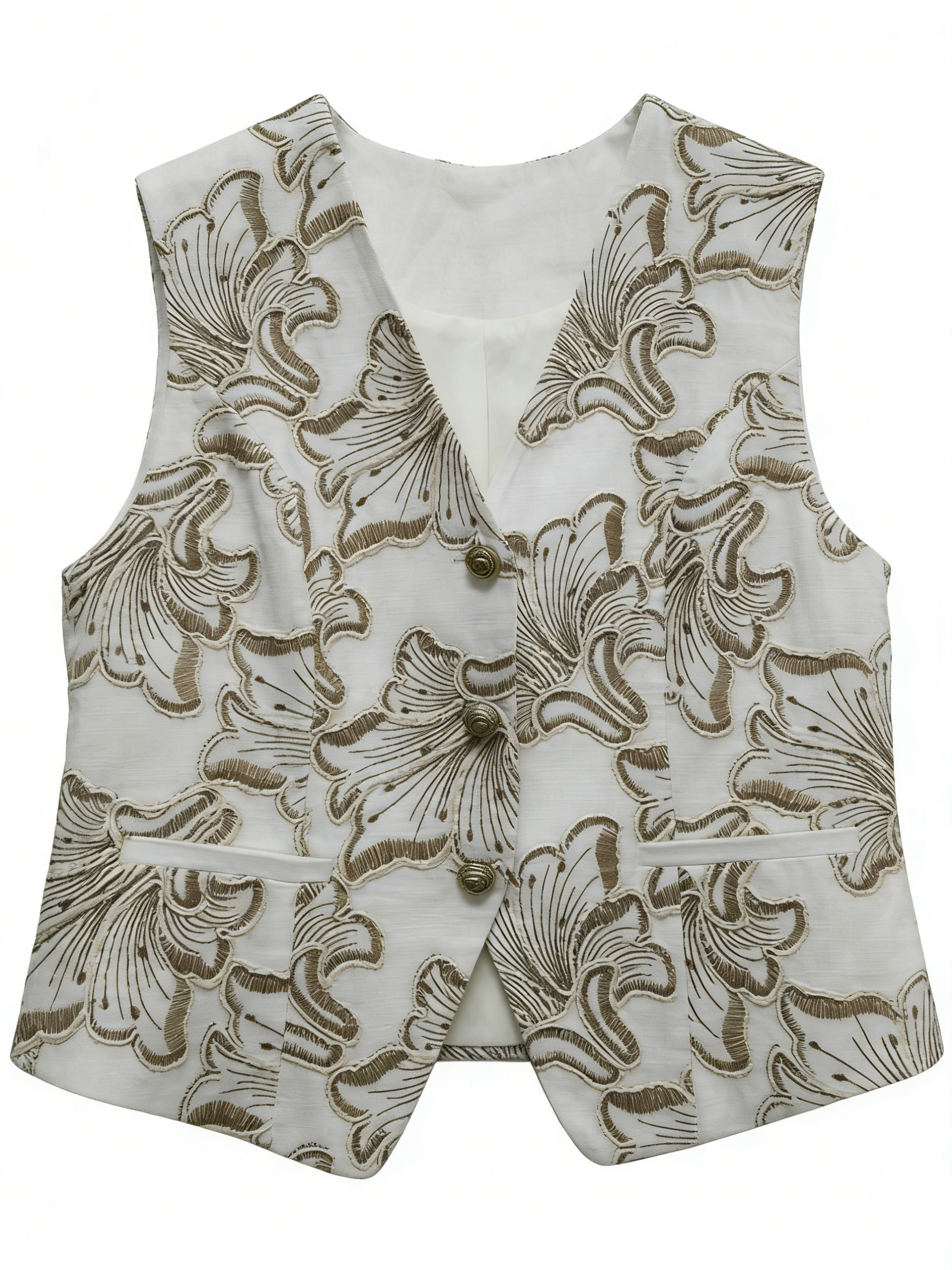 Chic White Embroidered Outfit - V-Neck Waistcoat & High Waist Shorts  A41639+K-41678A