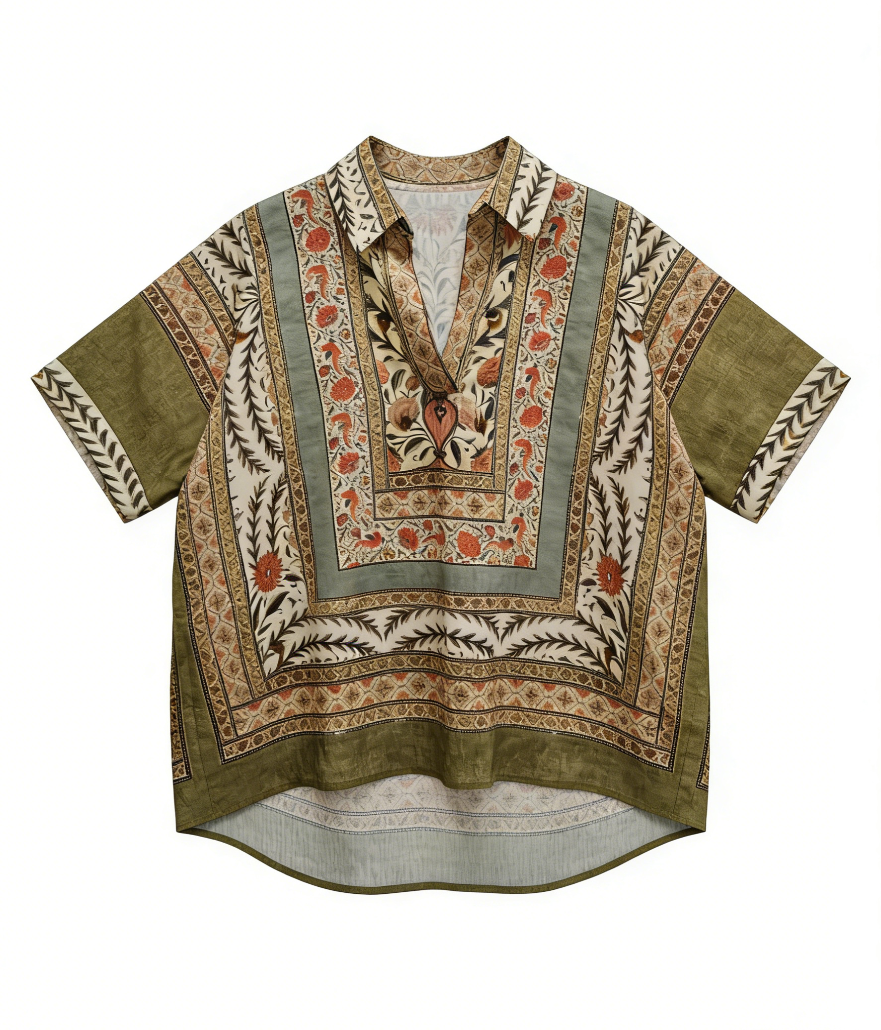 Elegant Olive Green Floral Patchwork Blouse - V-Neck Vacation Top  A-41675