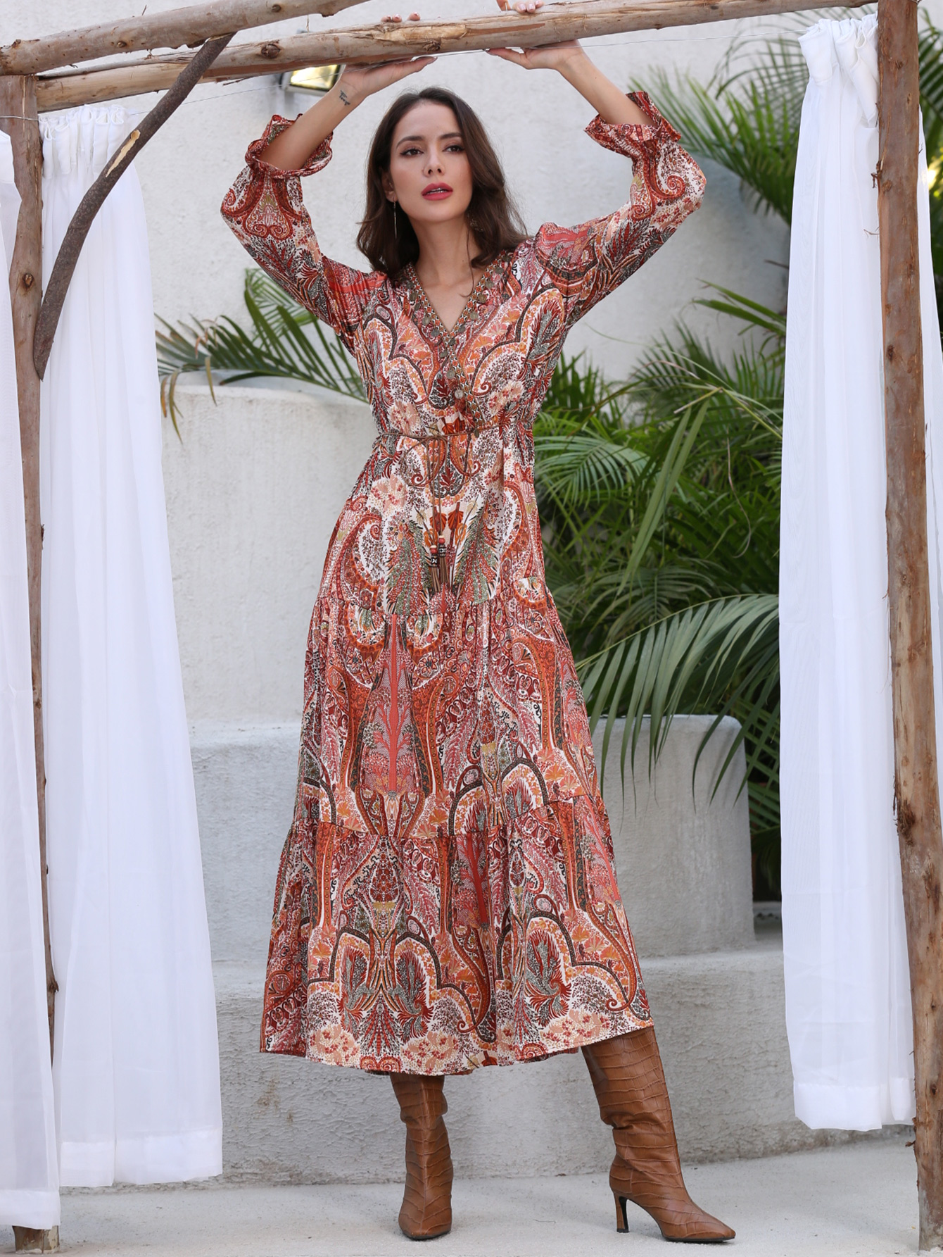 Women’s Vintage Ethnic Boho Midi Dress W-31406