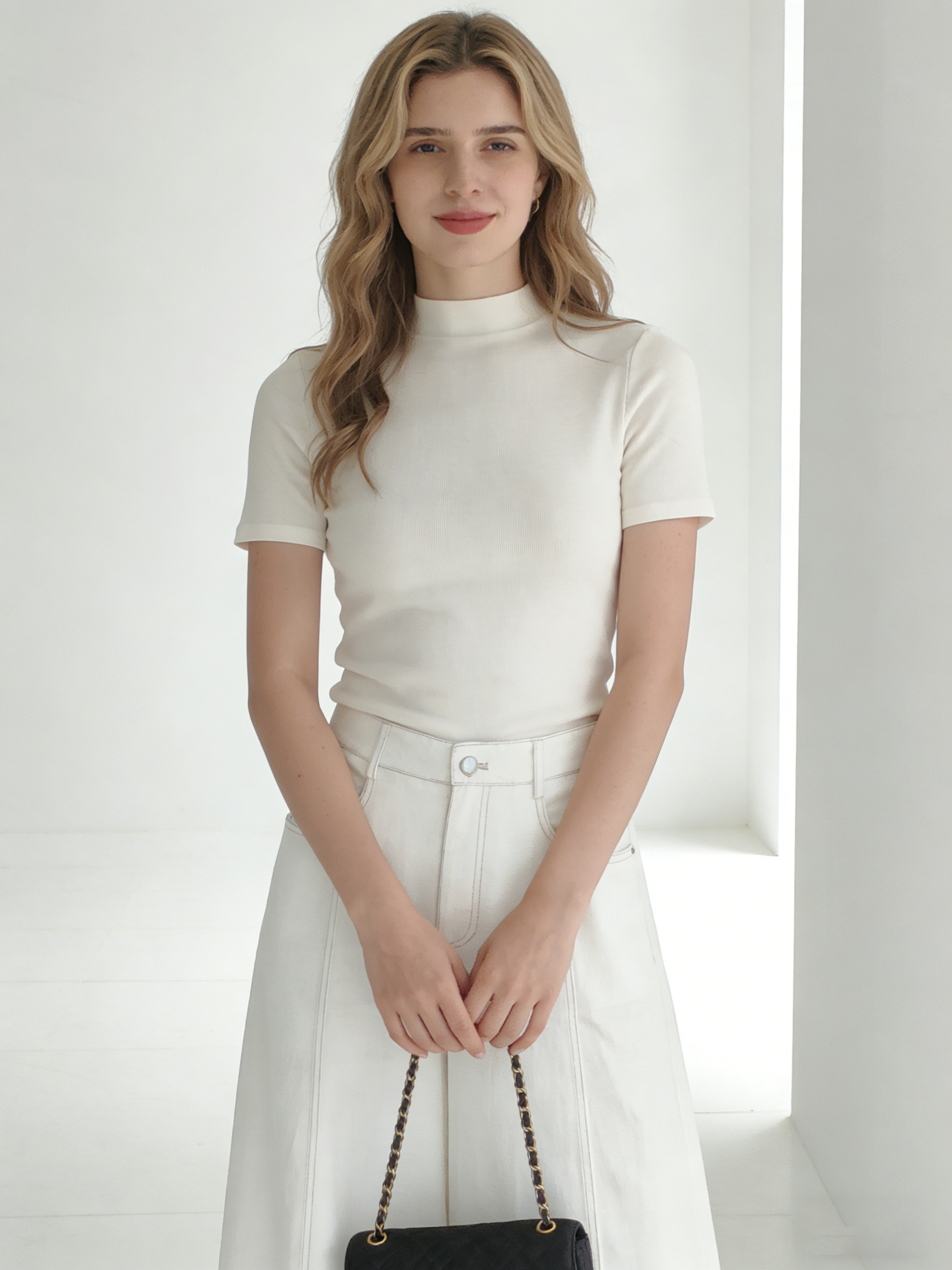 Minimalist White Denim Skirt - High Waist Flared Casual Skirt  A-41942A