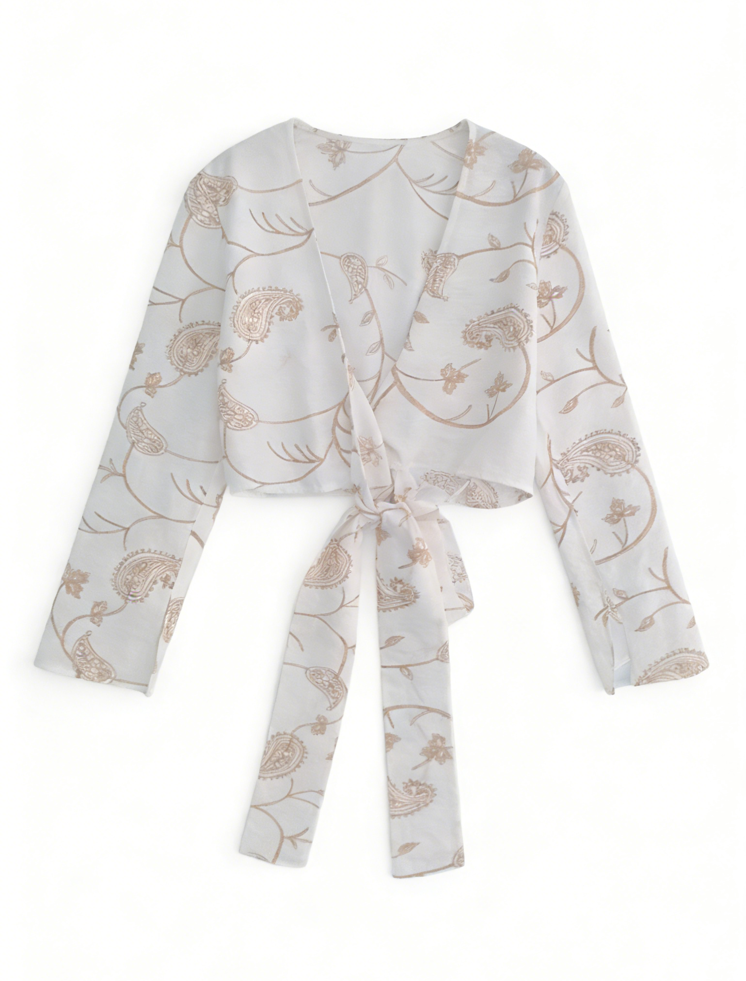 Chic White Paisley Wrap Top - Long Sleeve Tie Waist Vacation Top  A-41974