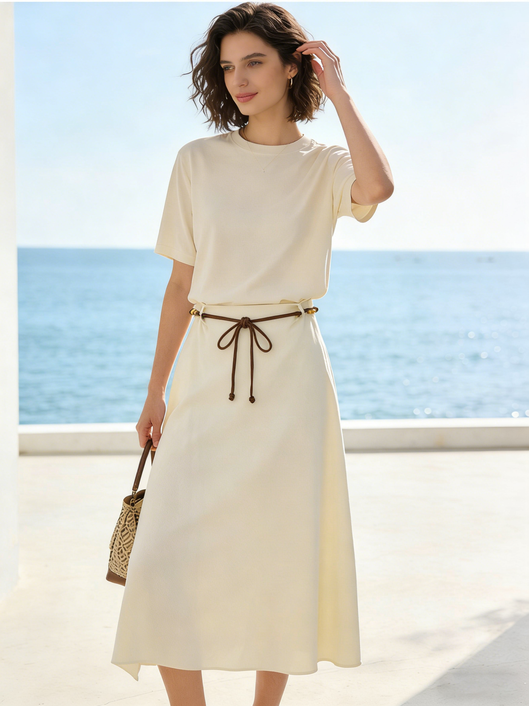 Elegant White Floral Drawstring Skirt - High Waist Flowy Casual Skirt  C-41935A