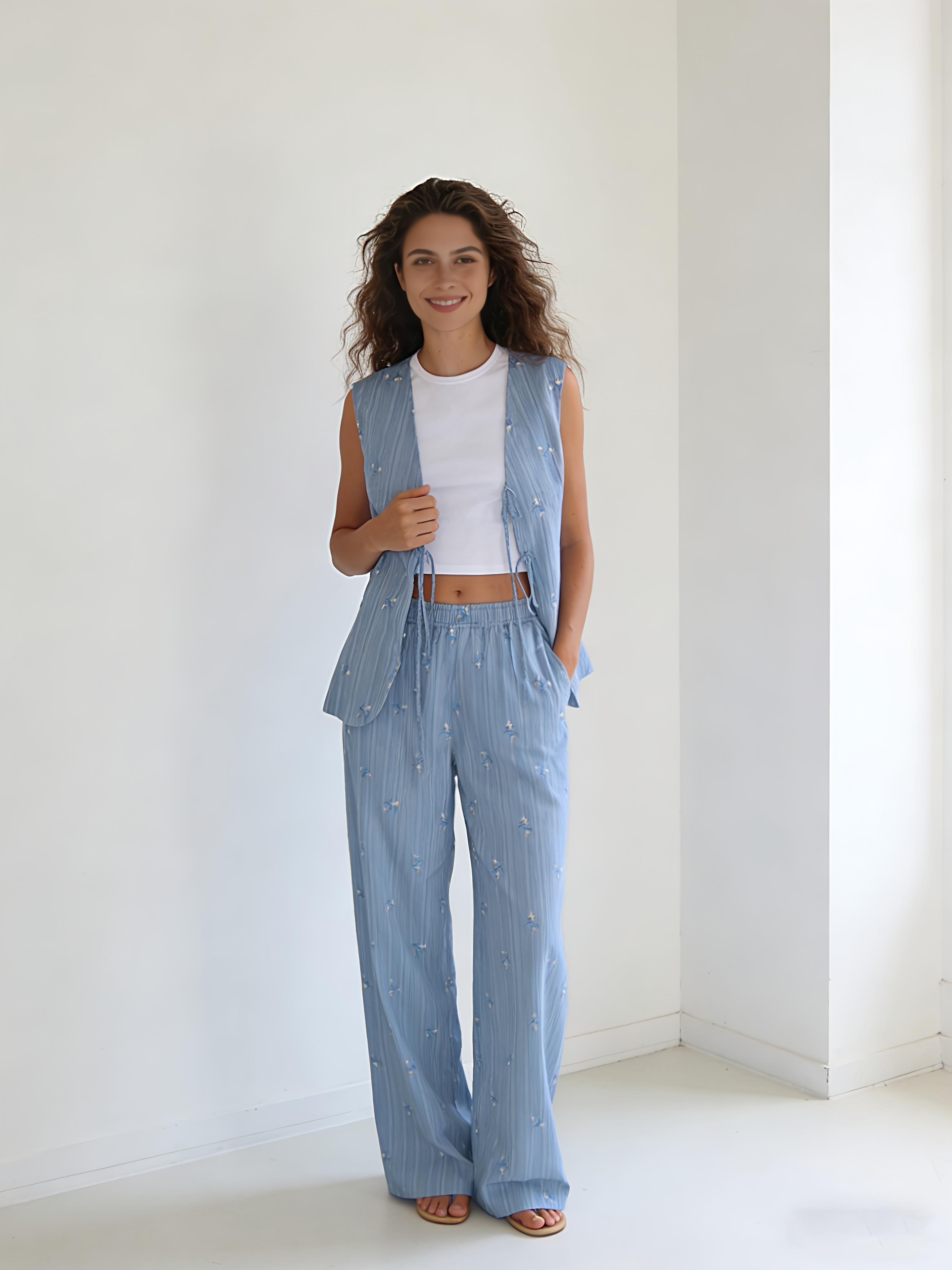 Elegant Light Blue Floral Embroidered Vest & Trousers Set  C-41986A+C-41985A