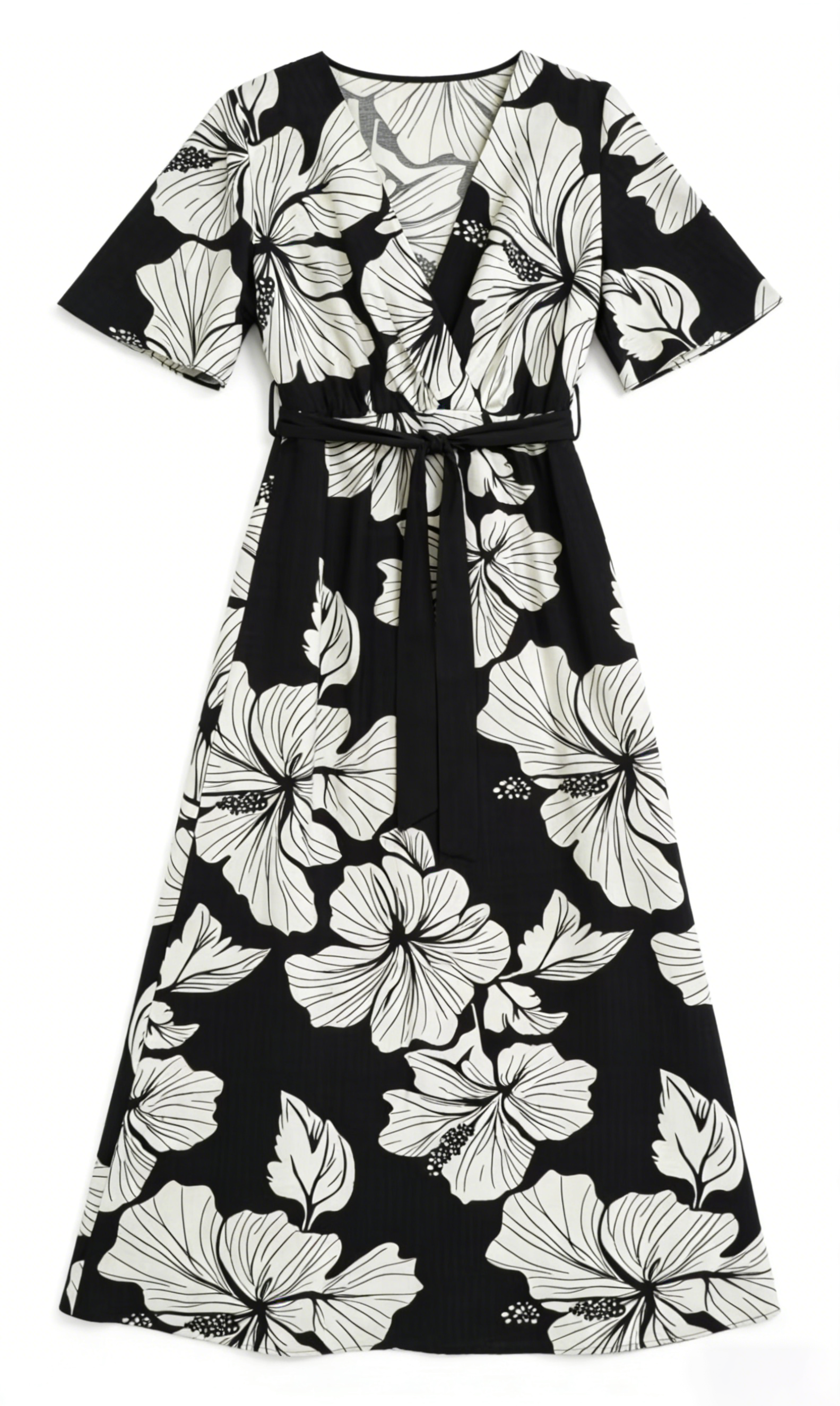 Women's Black & White Hibiscus Print Wrap Midi Dress - V-Neck Tie Waist Dress  C-42530