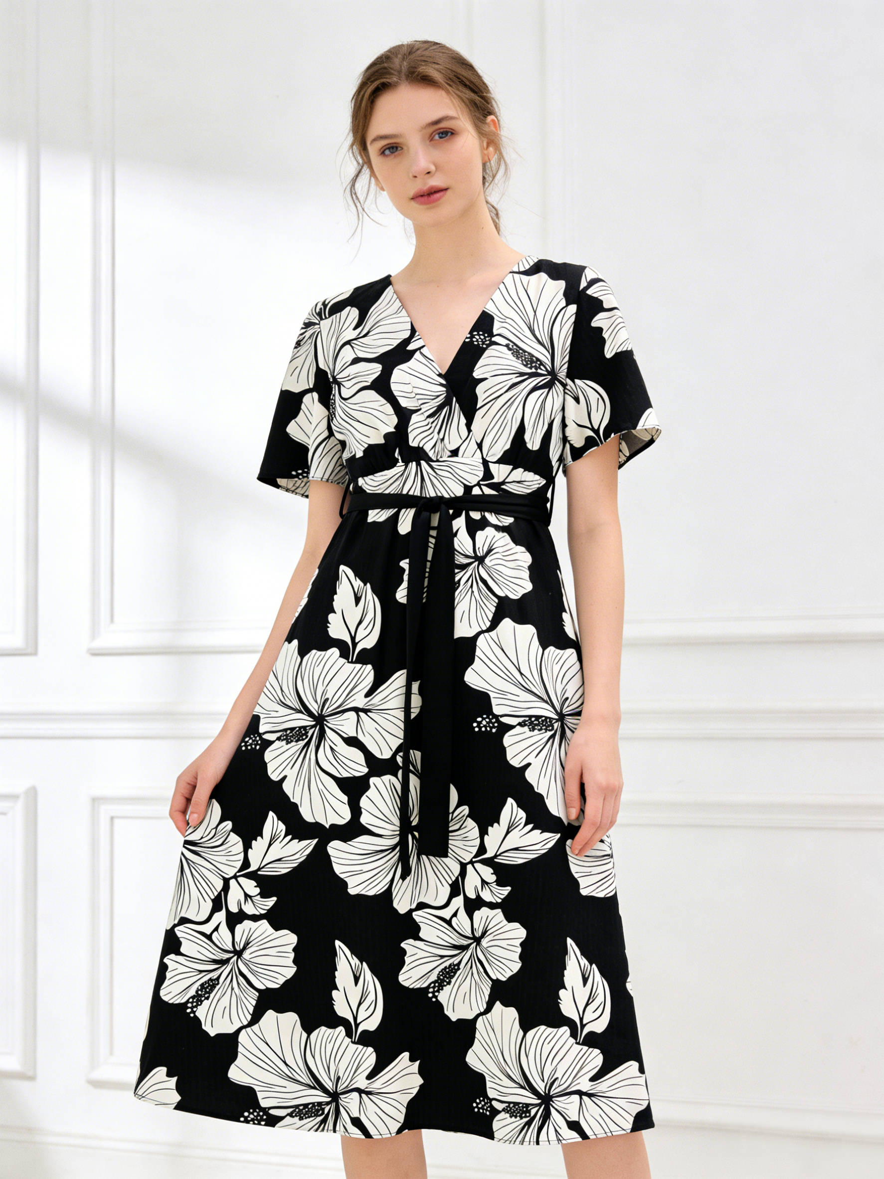 Women's Black & White Hibiscus Print Wrap Midi Dress - V-Neck Tie Waist Dress  C-42530