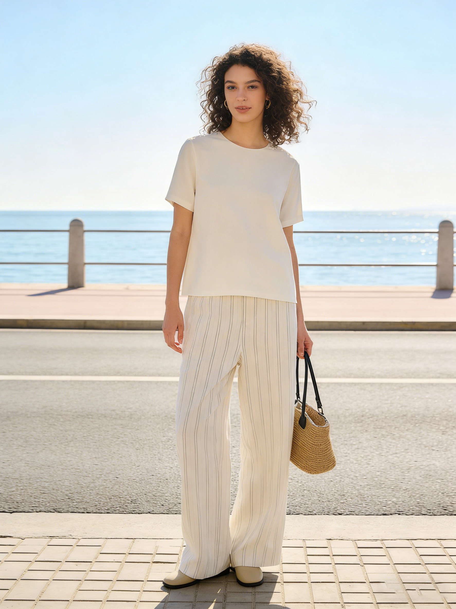 Minimalist Off-White Stripe Wide Leg Pants - High Waist Elastic Casual Trousers  A-40253