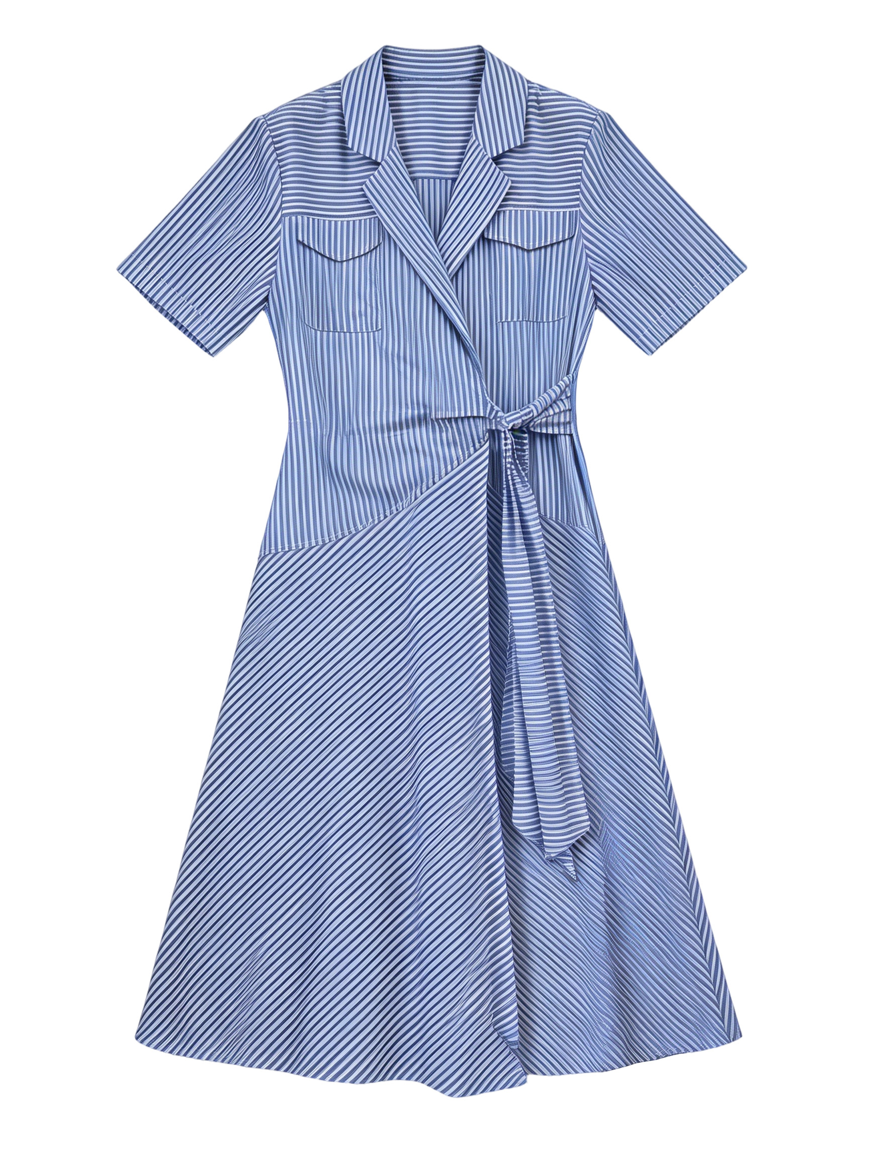 Blue Striped Belted Shirt Dress D-40370