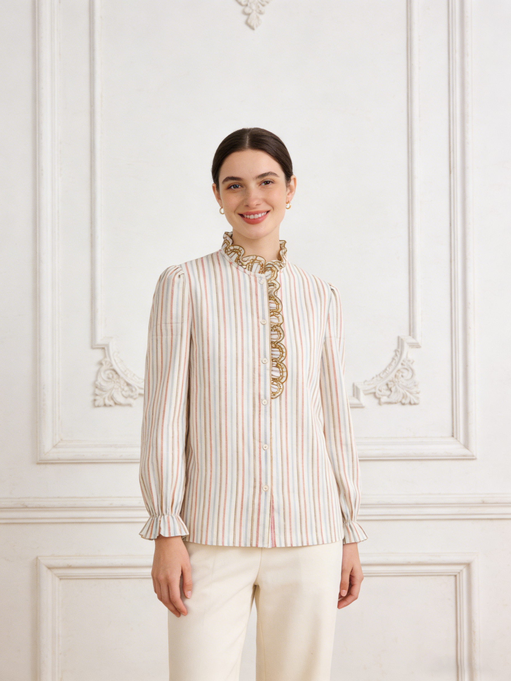 Vintage Pink Stripe Ruffle Neck Blouse - Long Sleeve Victorian Blouse  A-41690