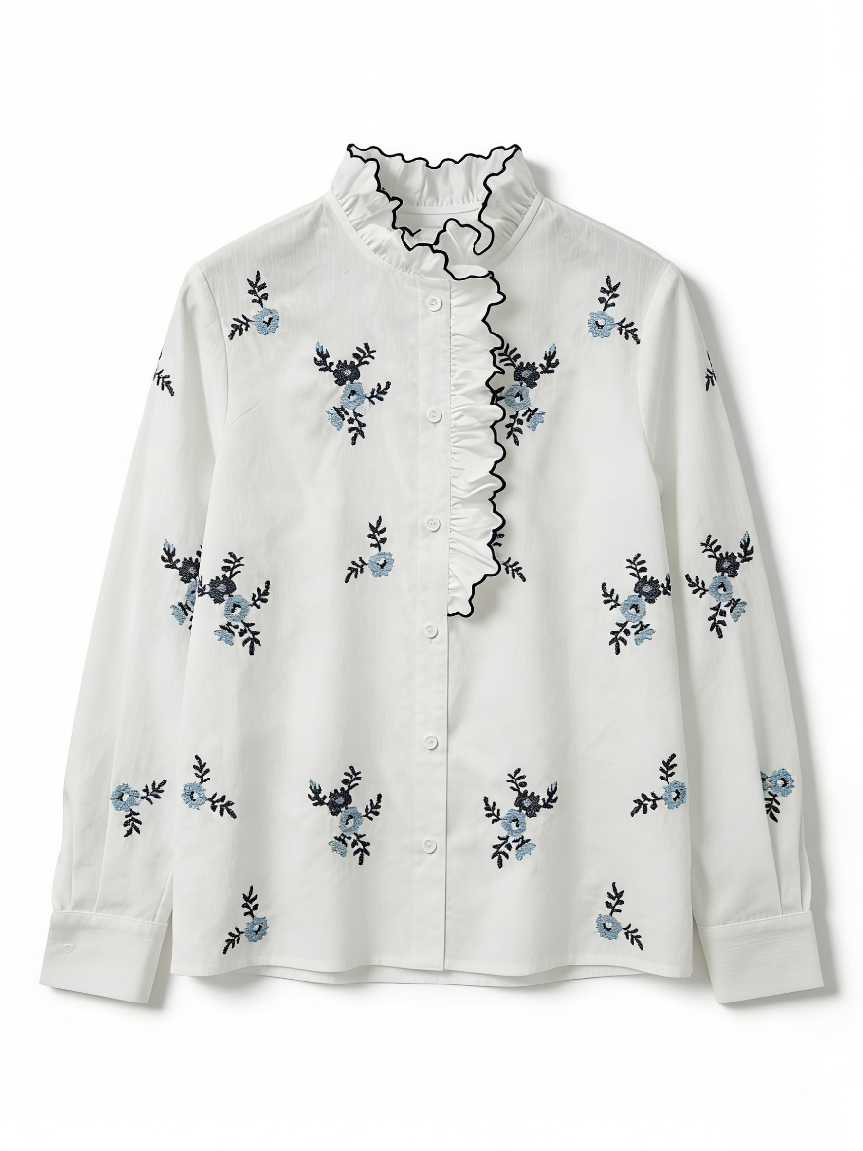 Vintage White Floral Embroidered Blouse - Ruffle Trim Victorian Blouse  A-41708