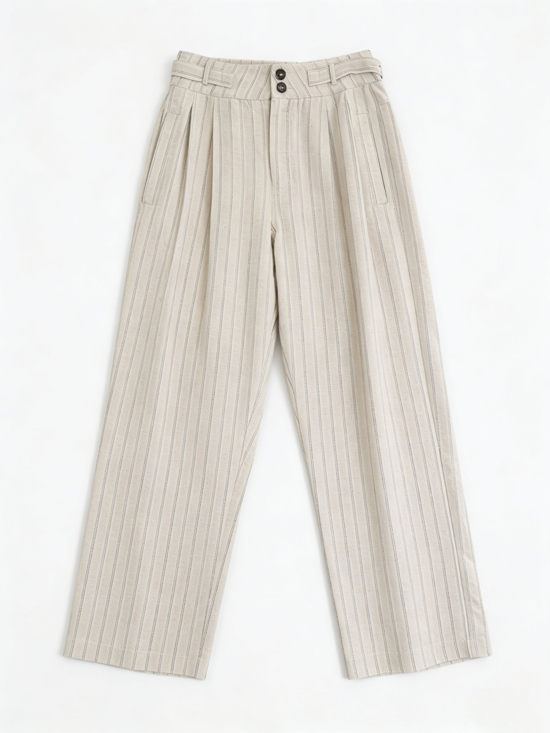 Minimalist Light Khaki Stripe Wide Leg Pants - High Waist Pleated Casual Trousers A-41727A