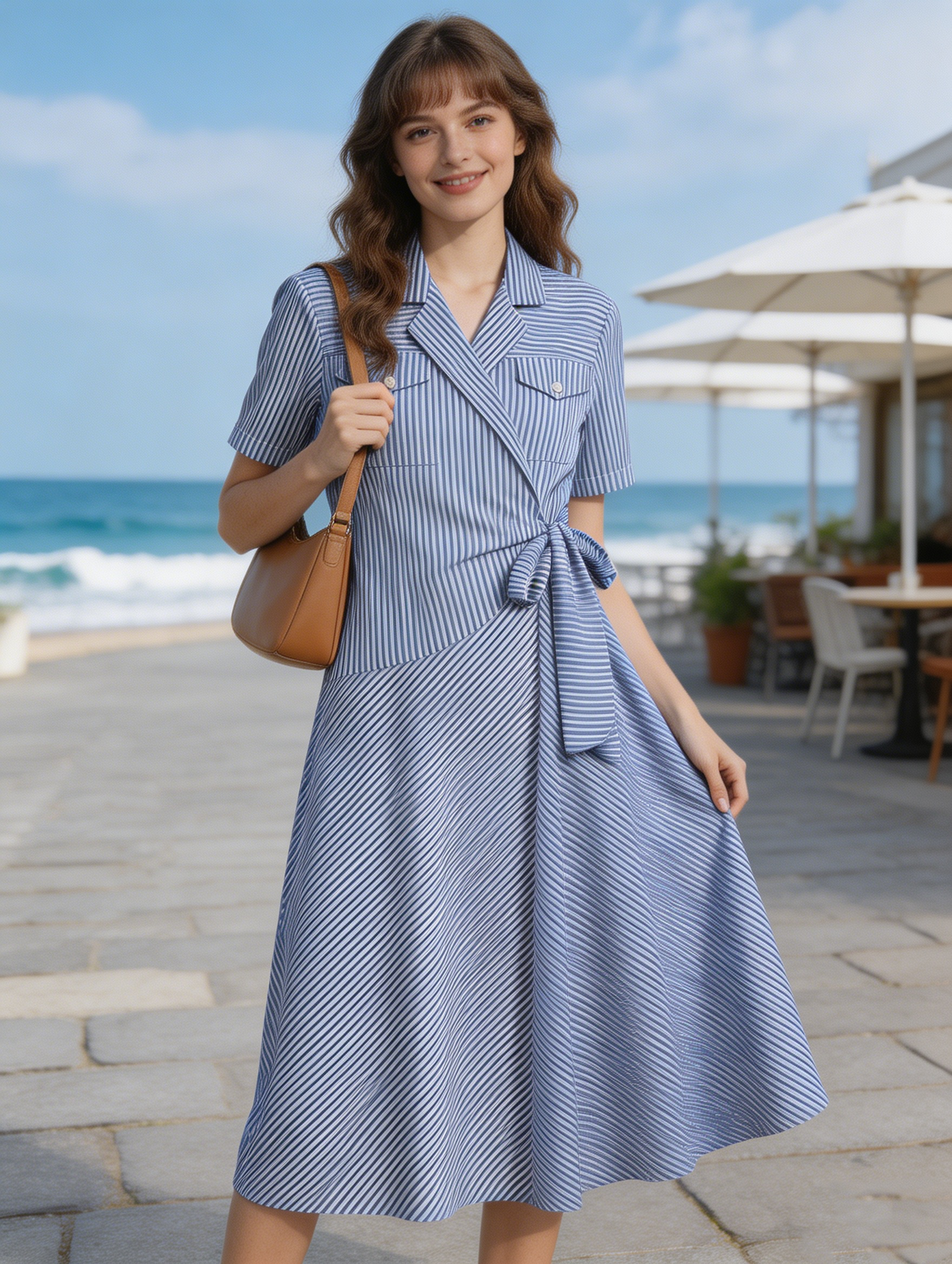 Blue Striped Belted Shirt Dress D-40370