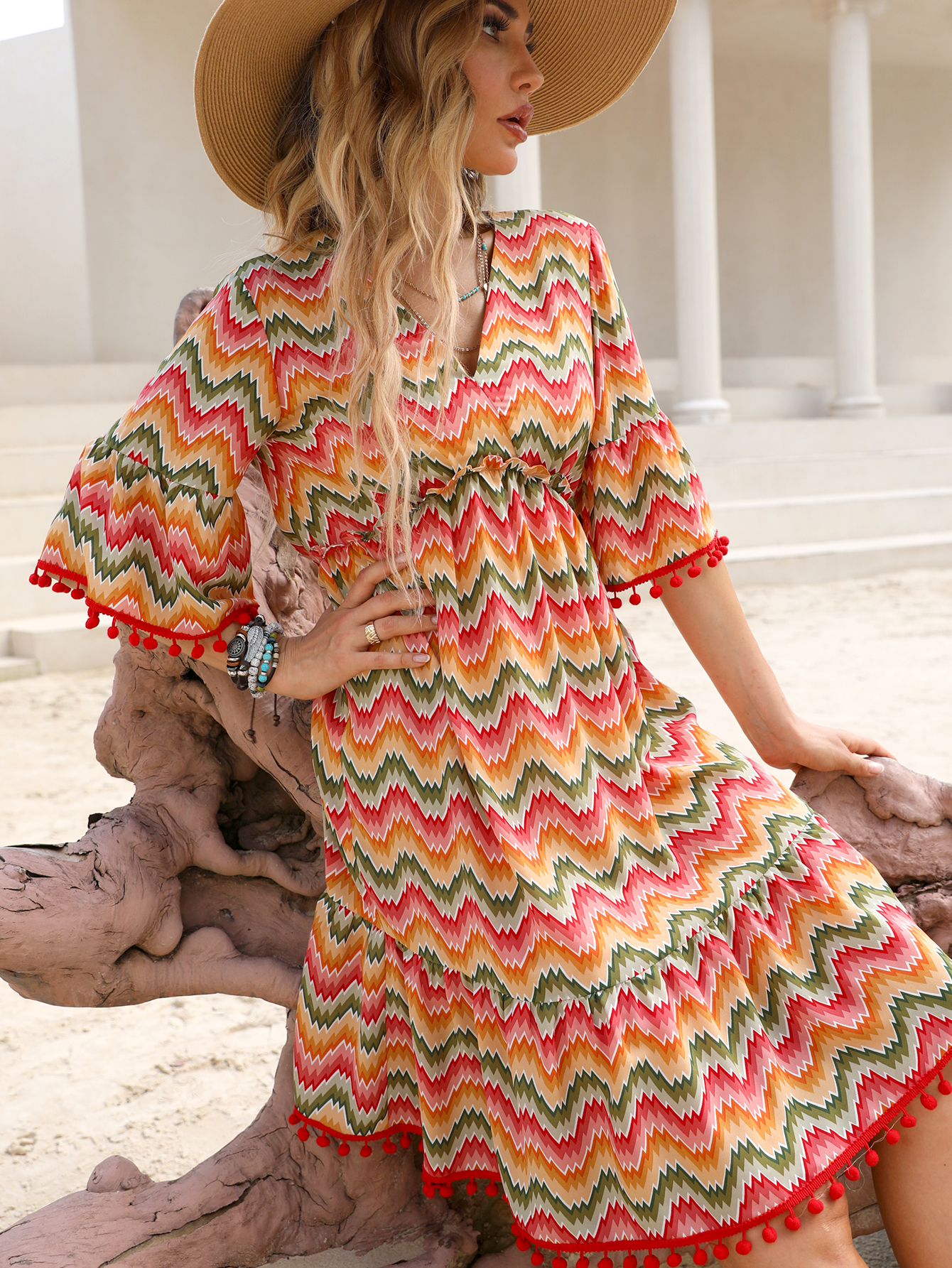 Women’s Boho Chevron Print V-Neck Babydoll Dress W-32727