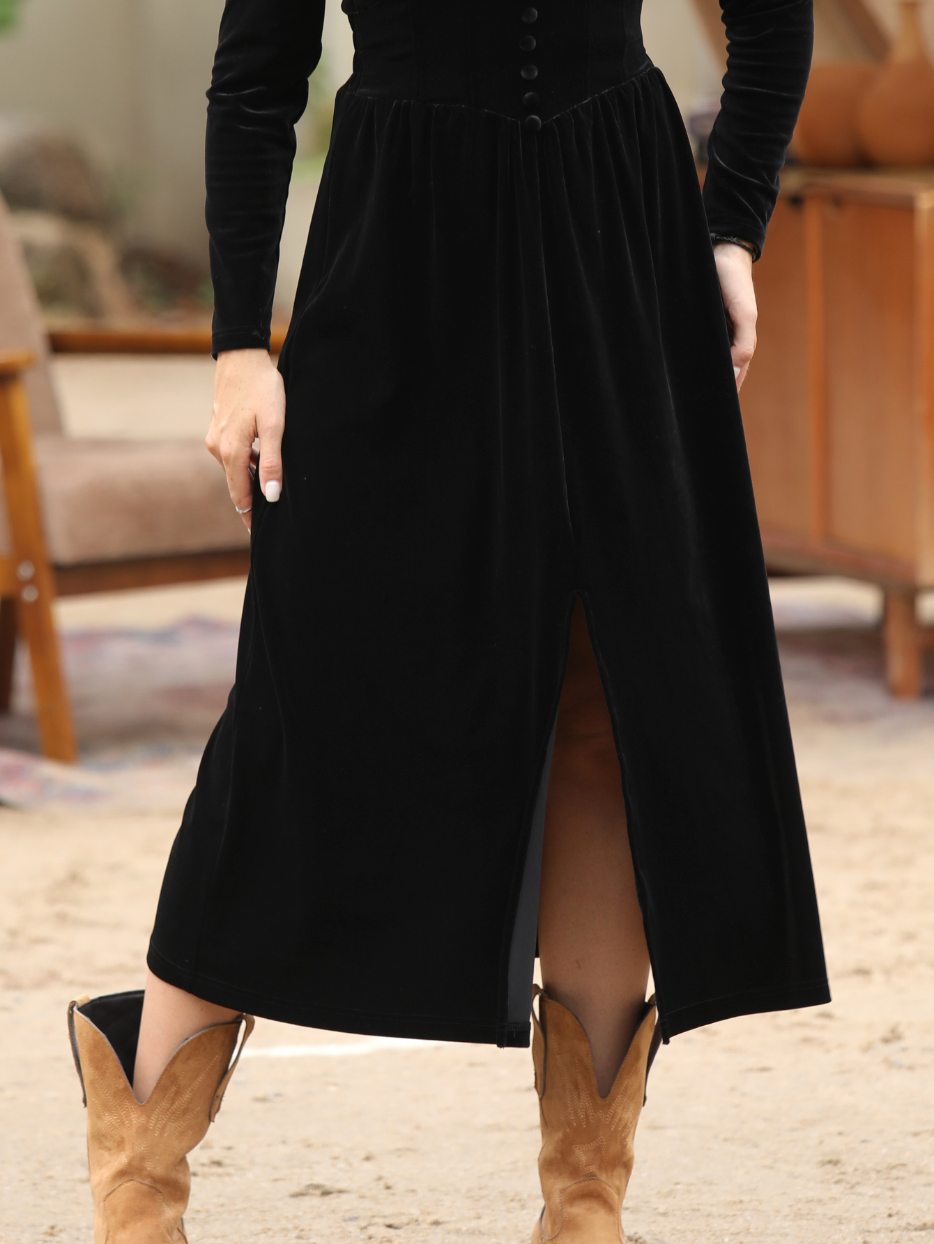 Vintage Velvet Wrap Waist Dress with Long Sleeves W-33606