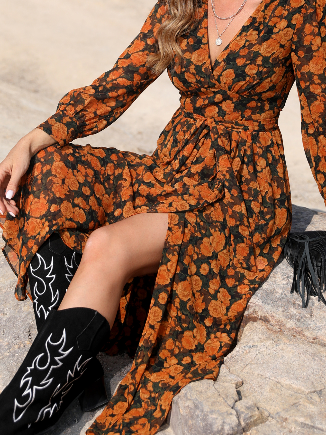 Western Floral Print Wrap Dress with Belt W-33725